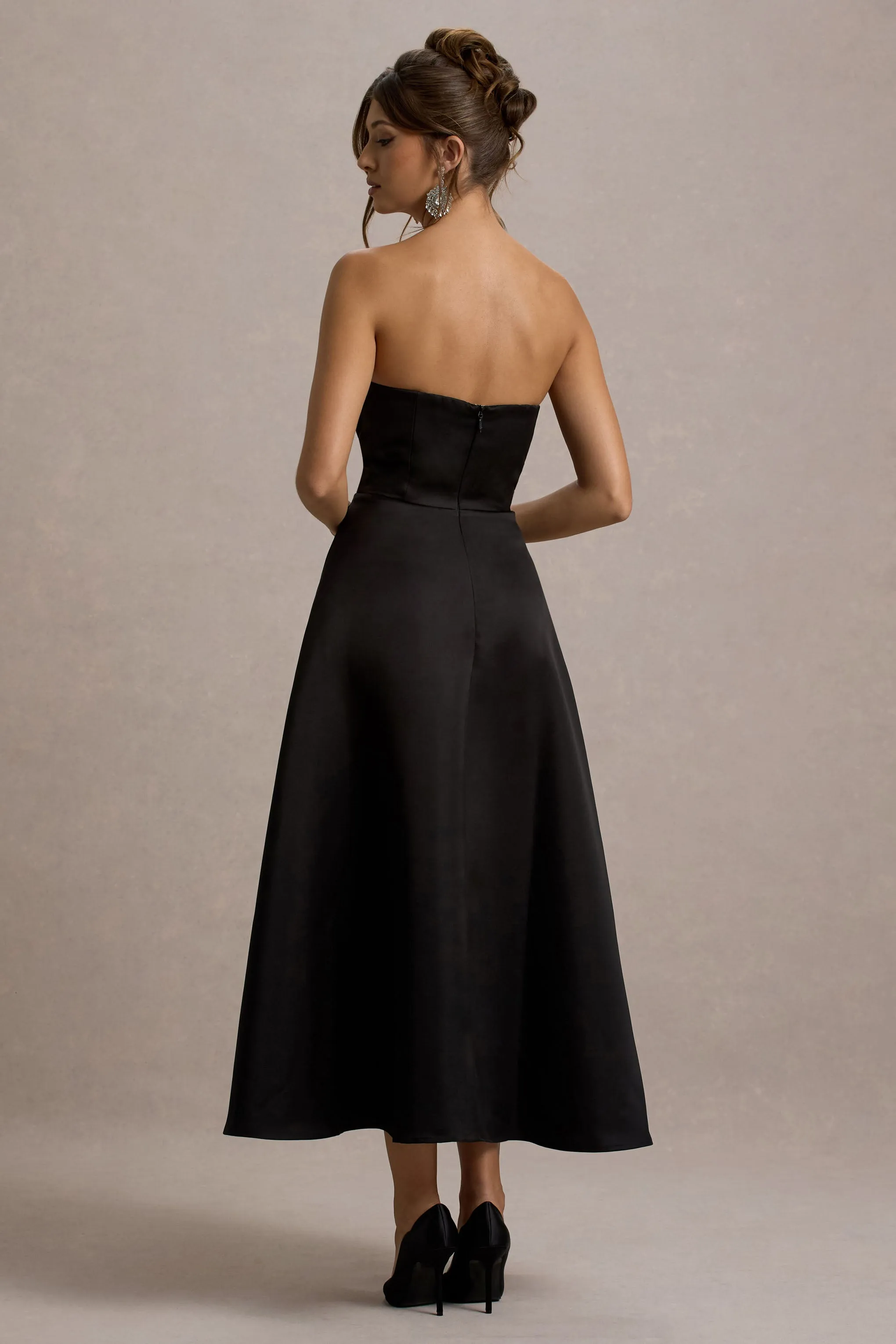 Wintour | Black Satin Sweetheart Midi Dress Club L London
