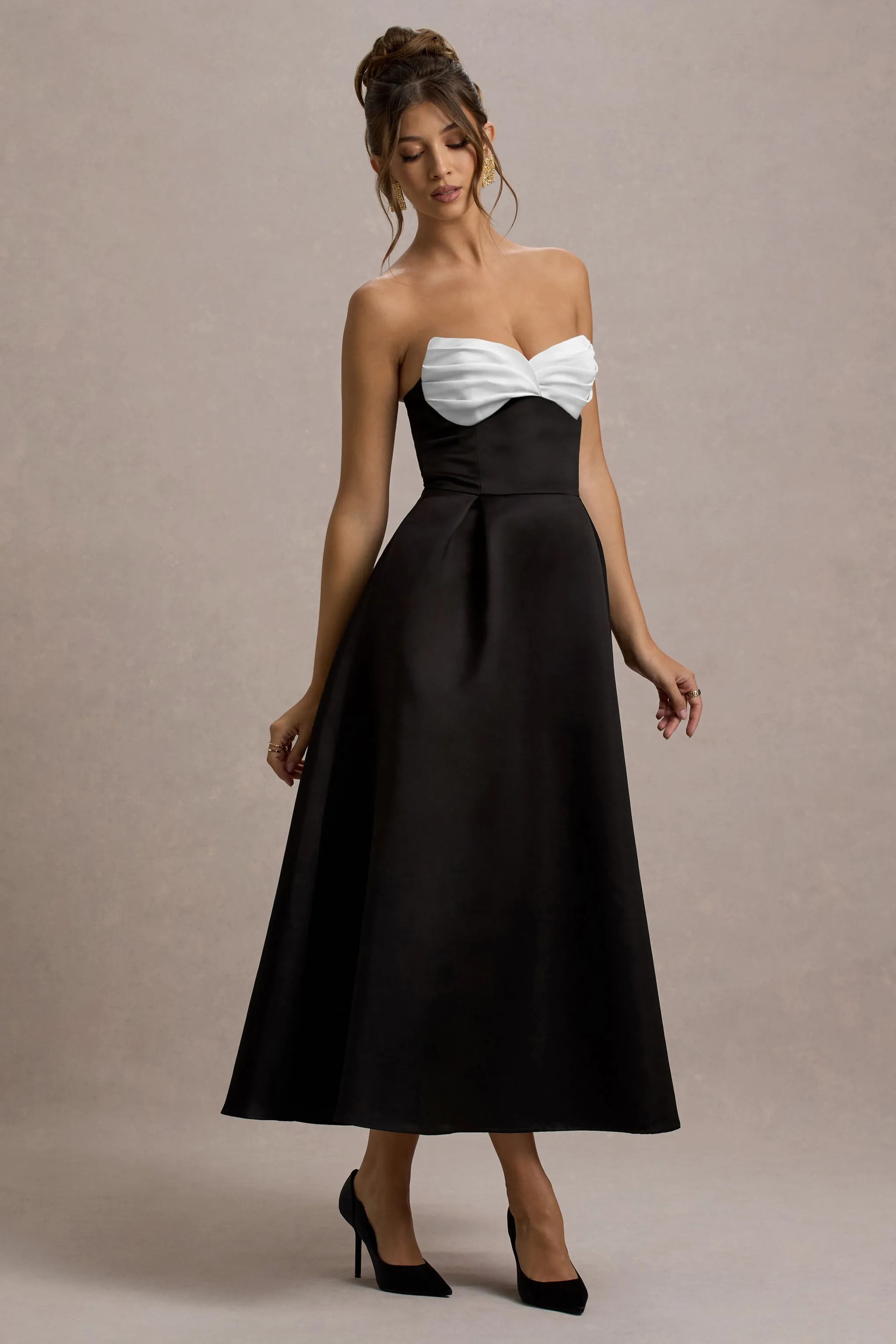 Wintour | Black Satin Sweetheart Midi Dress Club L London