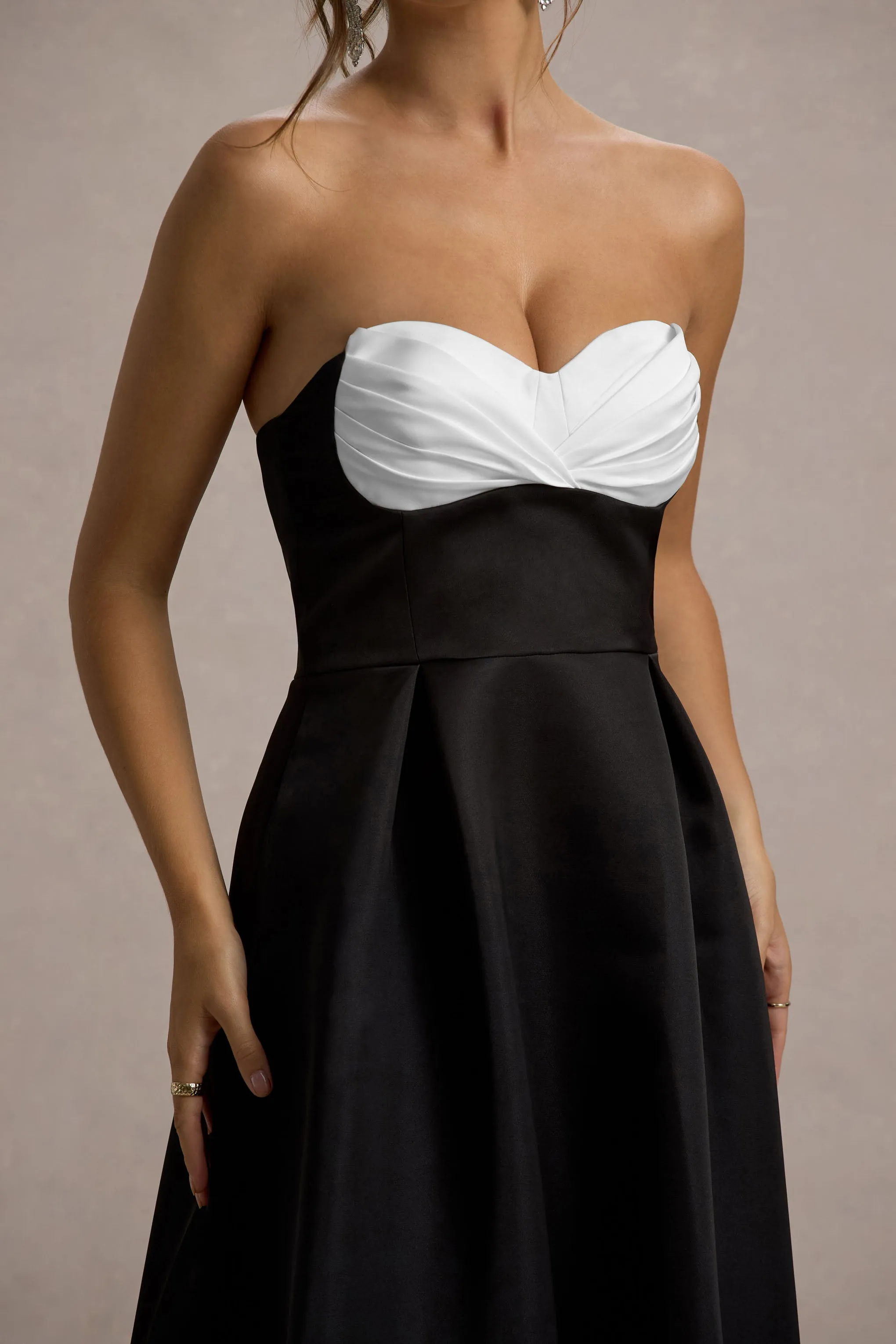Wintour | Black Satin Sweetheart Midi Dress Club L London