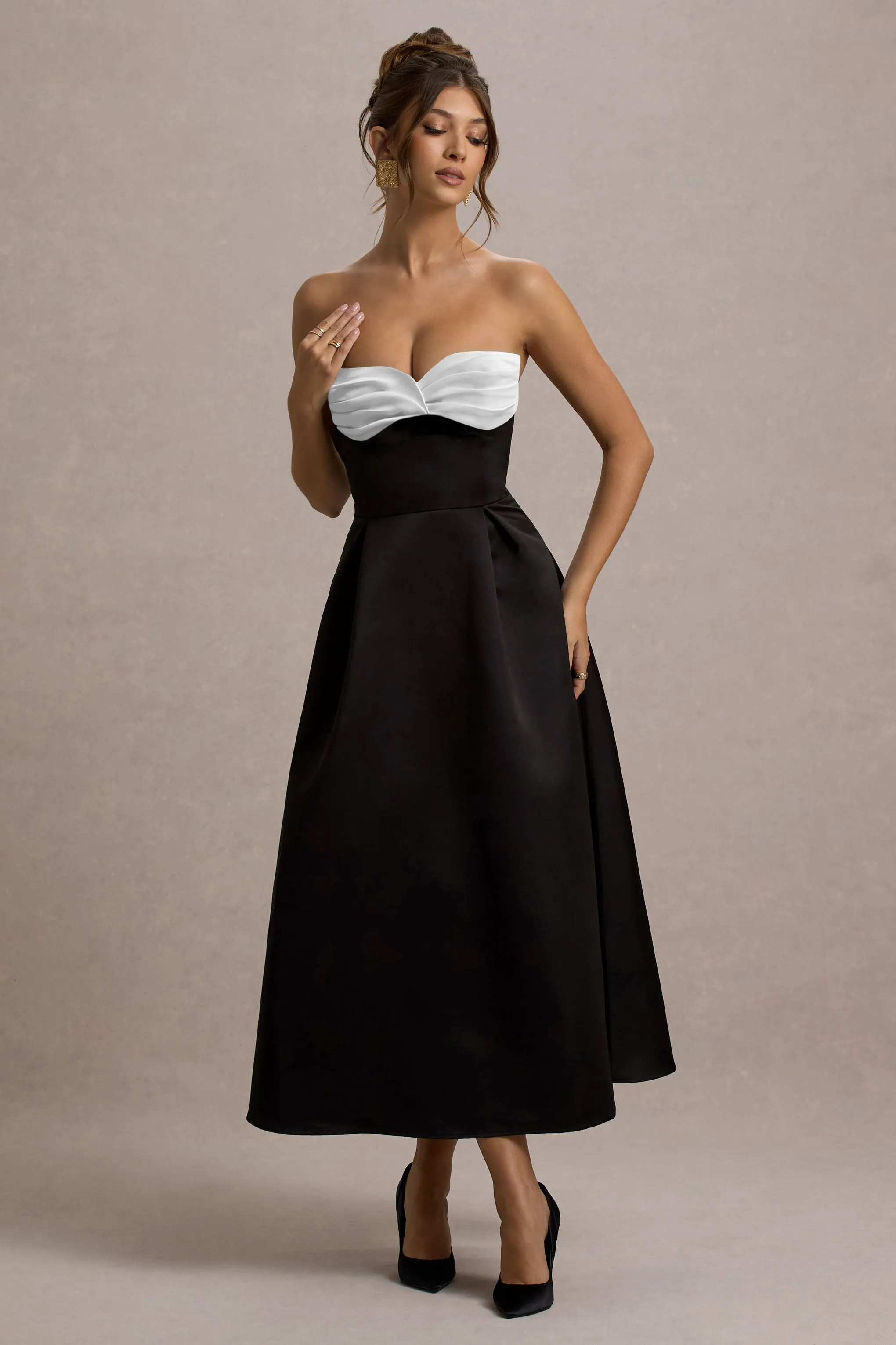 Wintour | Black Satin Sweetheart Midi Dress Club L London