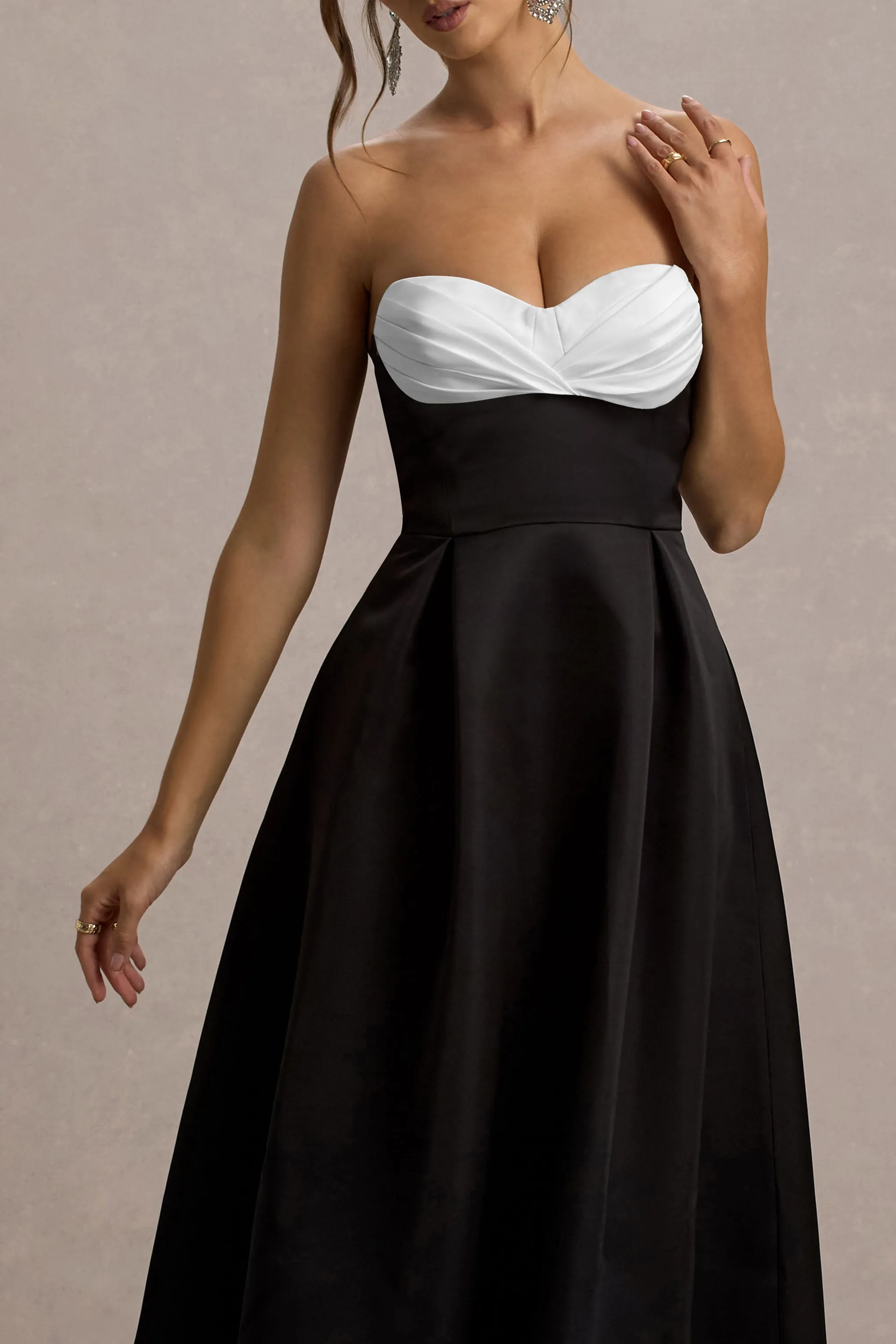 Wintour | Black Satin Sweetheart Midi Dress Club L London