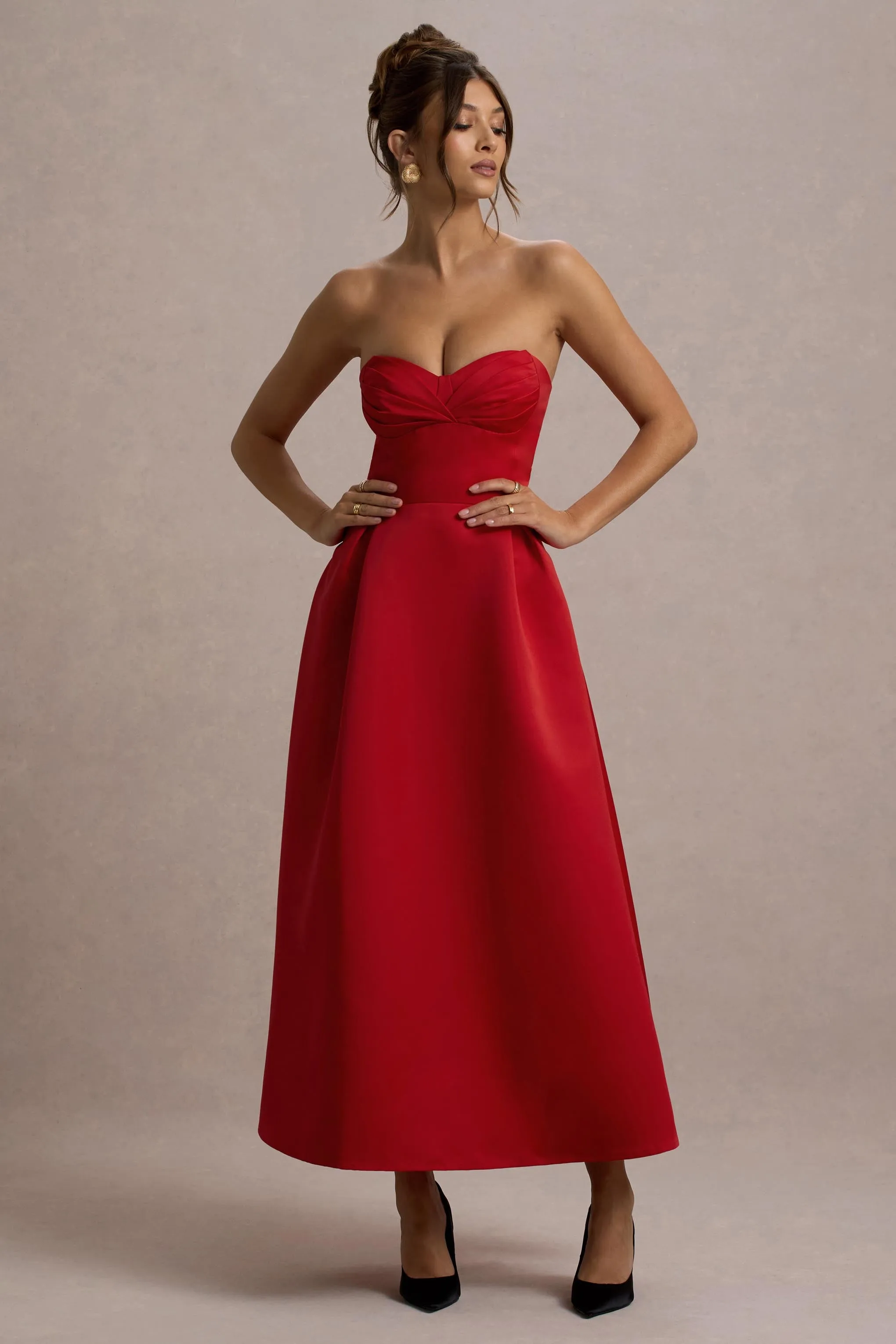 Wintour | Red Satin Sweetheart Midi Dress Club L London