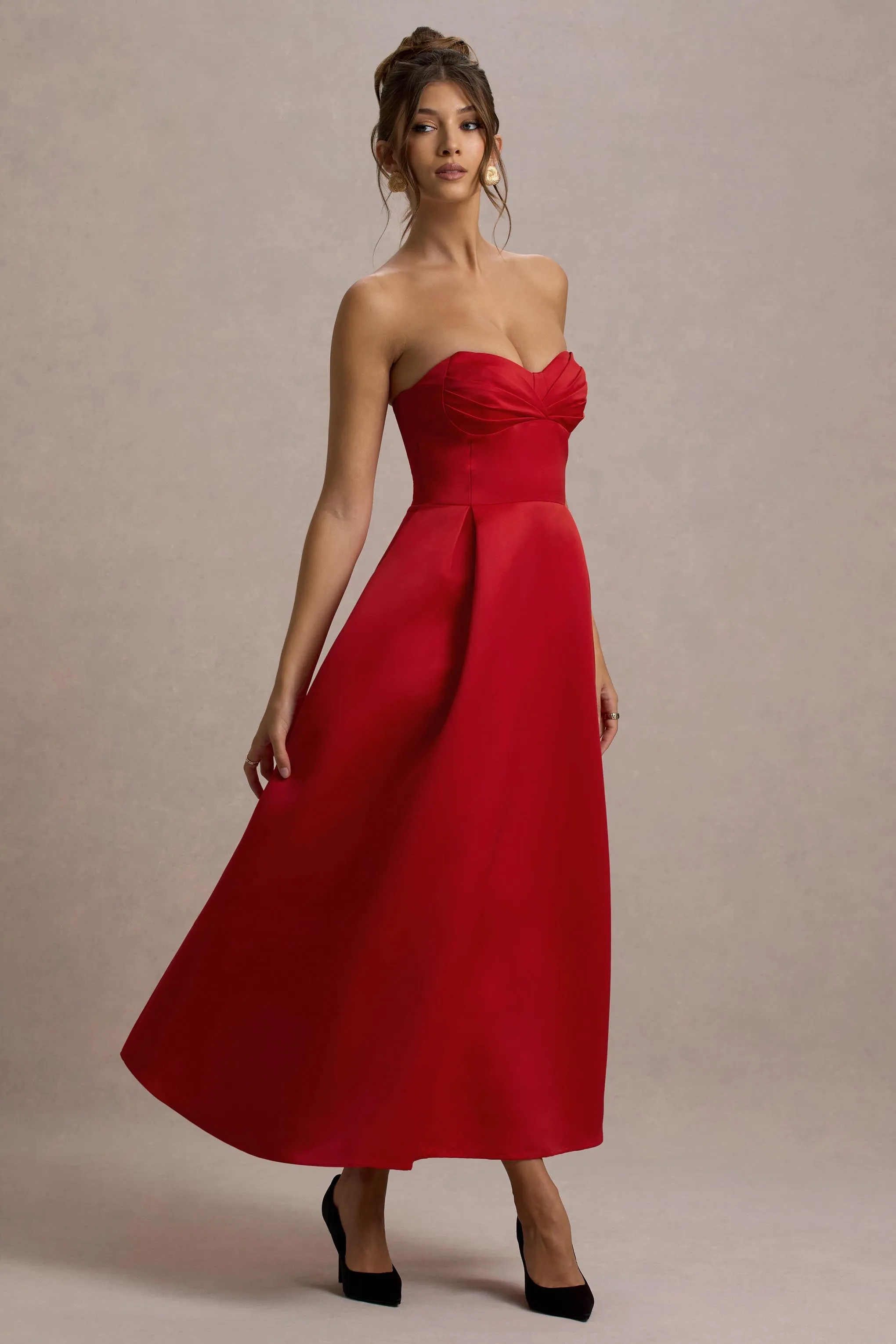 Wintour | Red Satin Sweetheart Midi Dress Club L London