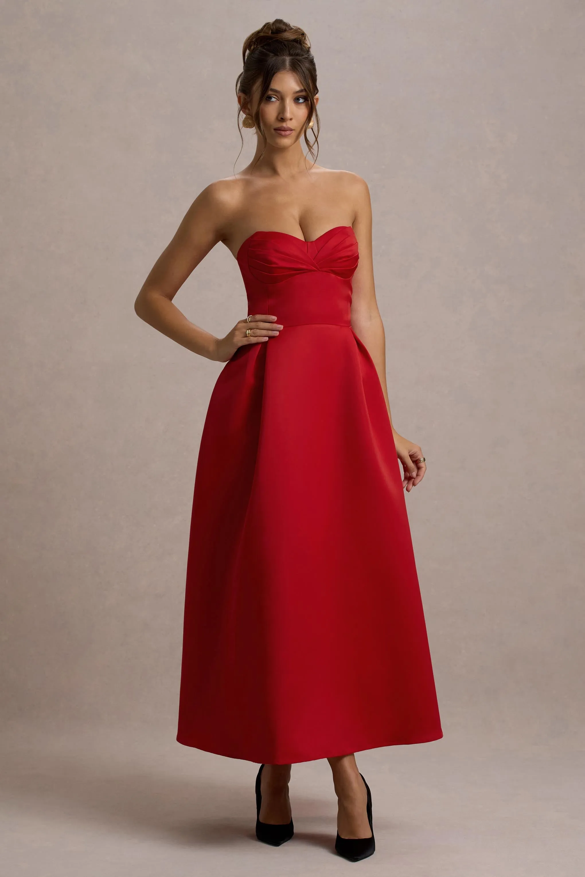 Wintour | Red Satin Sweetheart Midi Dress Club L London