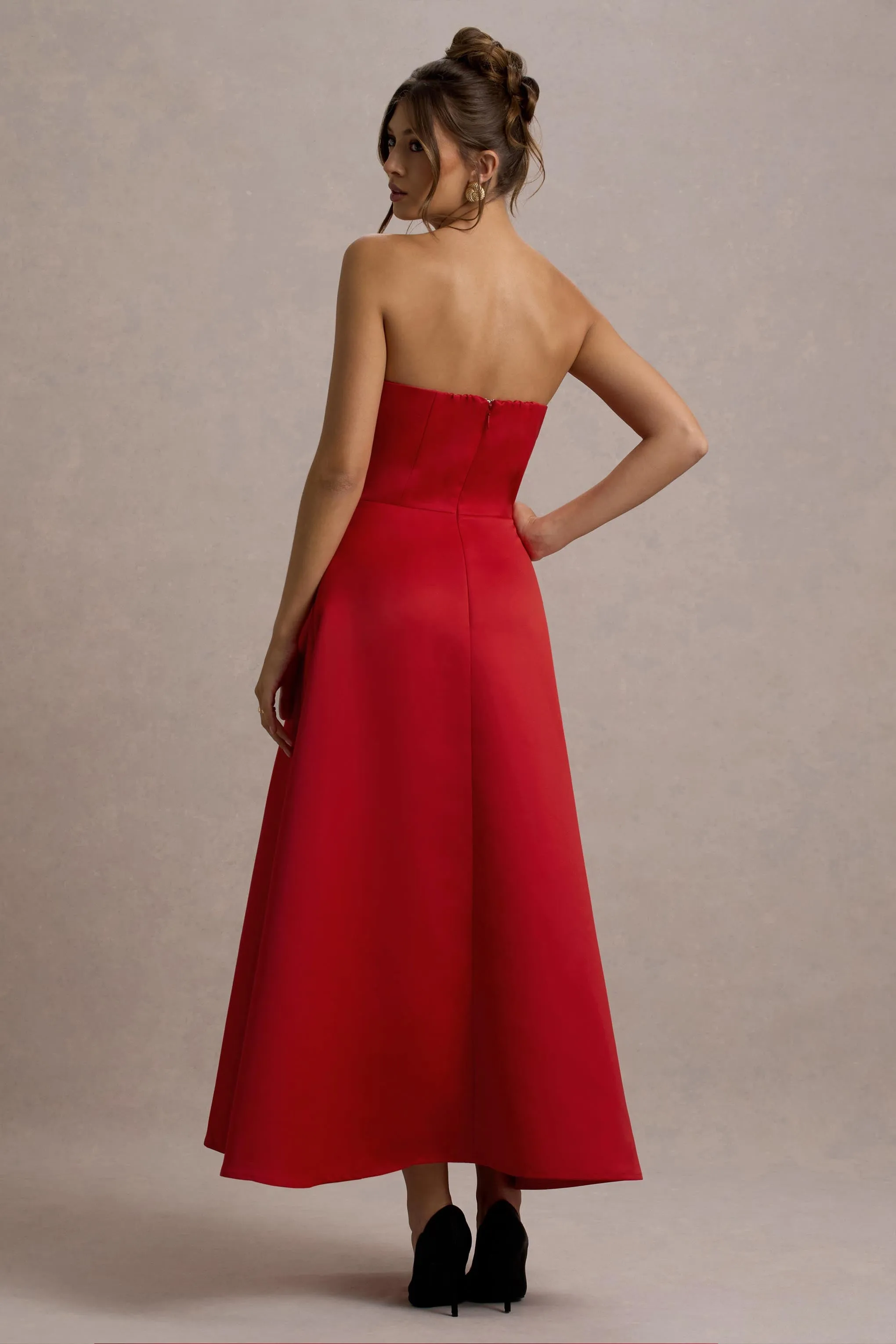 Wintour | Red Satin Sweetheart Midi Dress Club L London