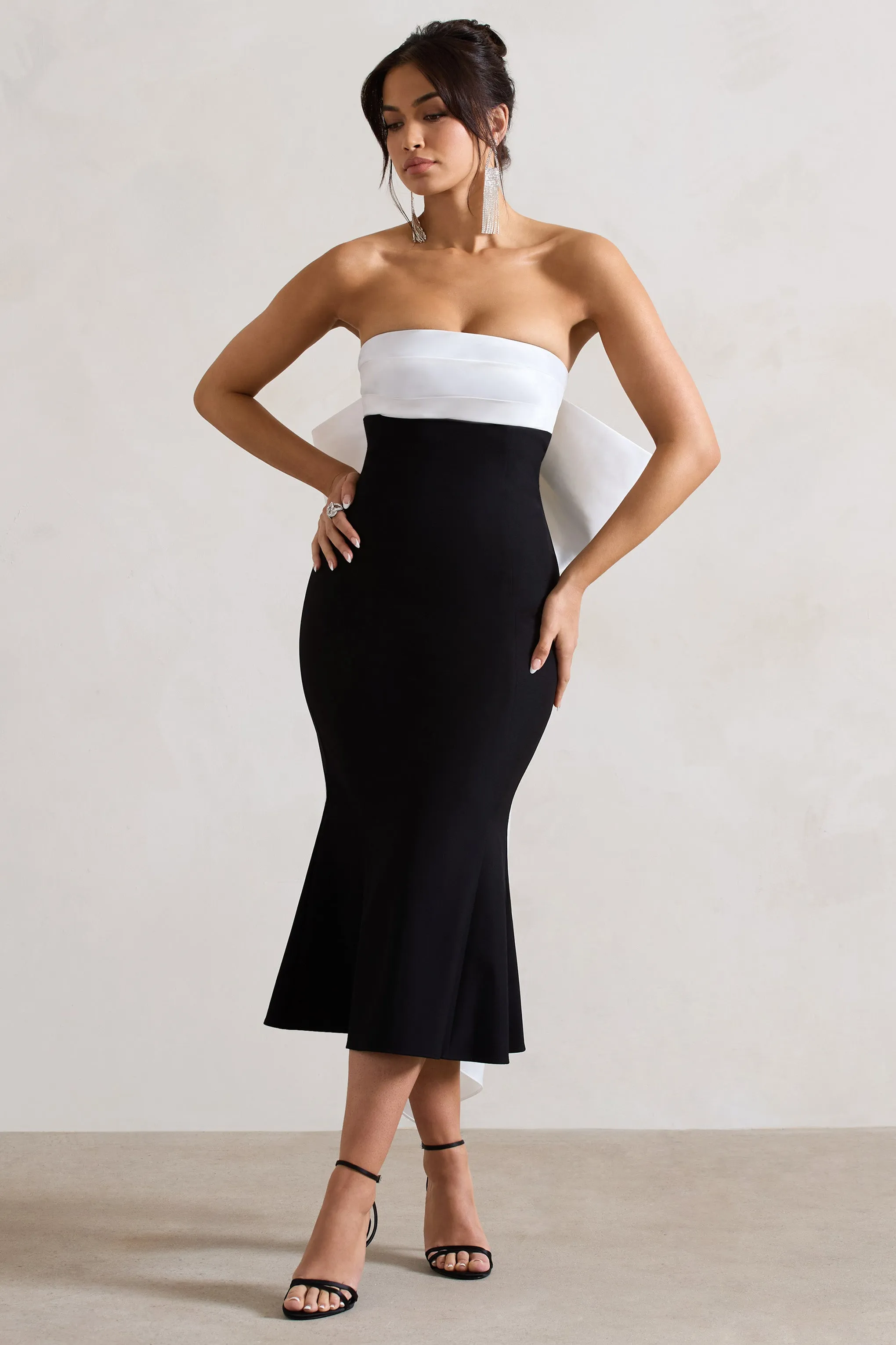 Wishlist | Black Bandeau Midi Dress With Oversized White Bow Club L London