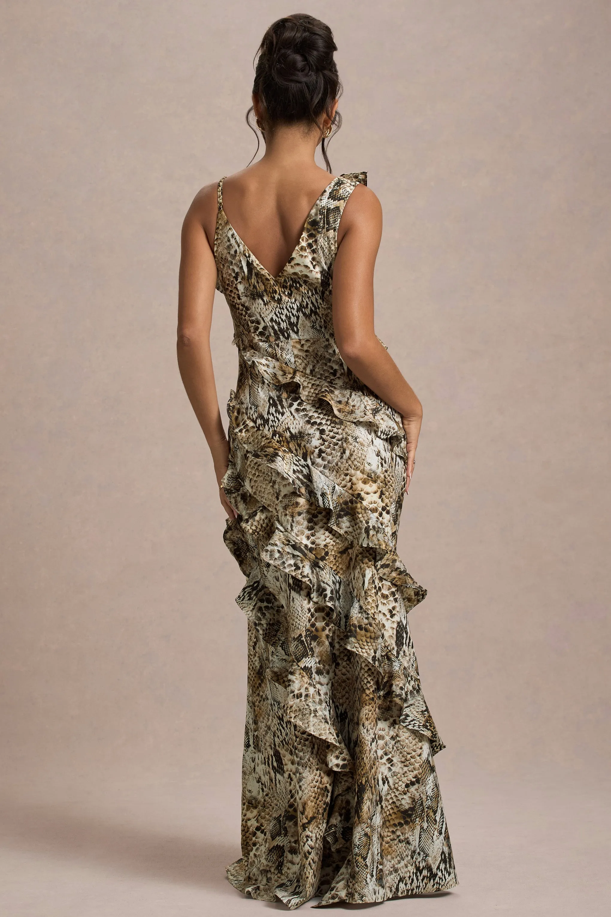 Wispy | Snake Print Plunge-Neck Ruffled Maxi Dress Club L London