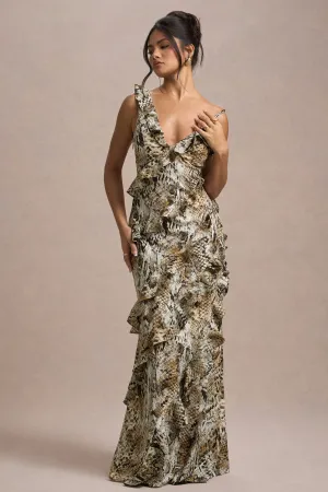 Wispy | Snake Print Plunge-Neck Ruffled Maxi Dress Club L London