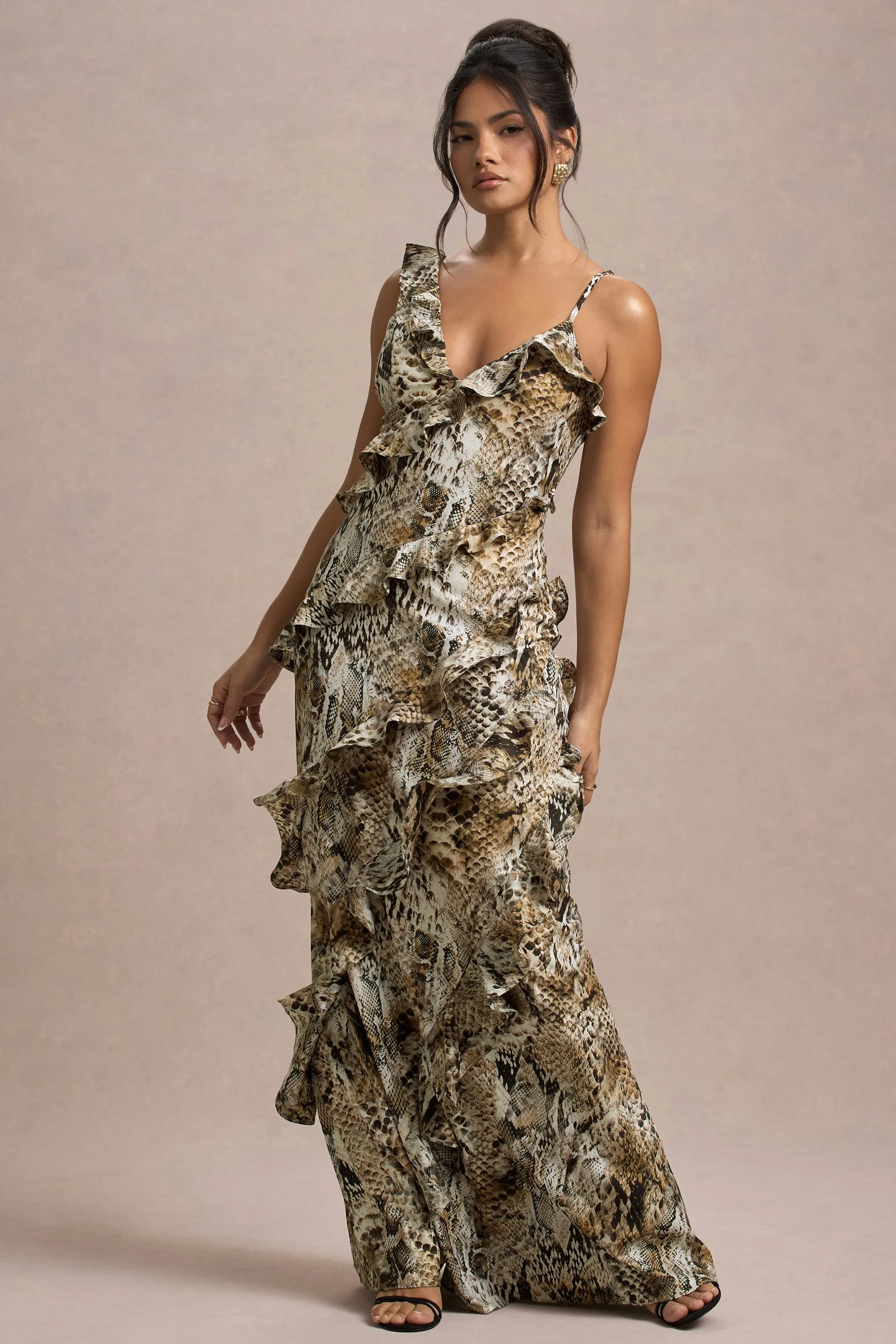 Wispy | Snake Print Plunge-Neck Ruffled Maxi Dress Club L London