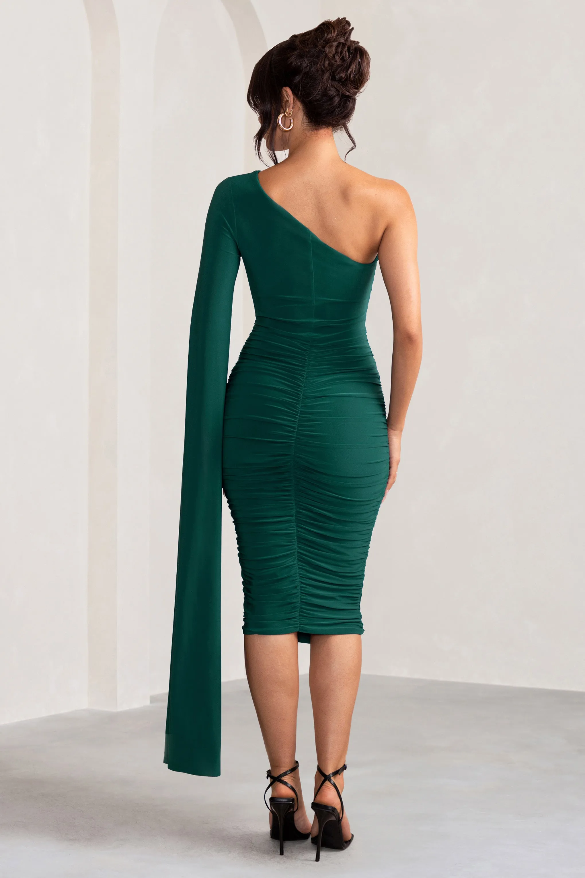 Yara | Bottle Green One Shoulder Cape Ruched Midi Dress Club L London