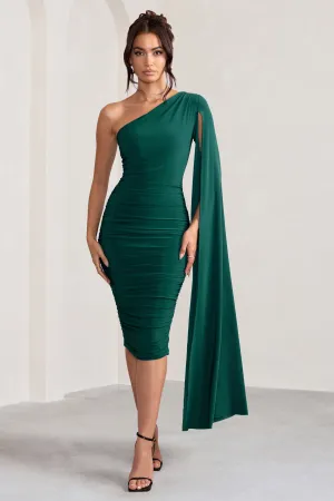 Yara | Bottle Green One Shoulder Cape Ruched Midi Dress Club L London