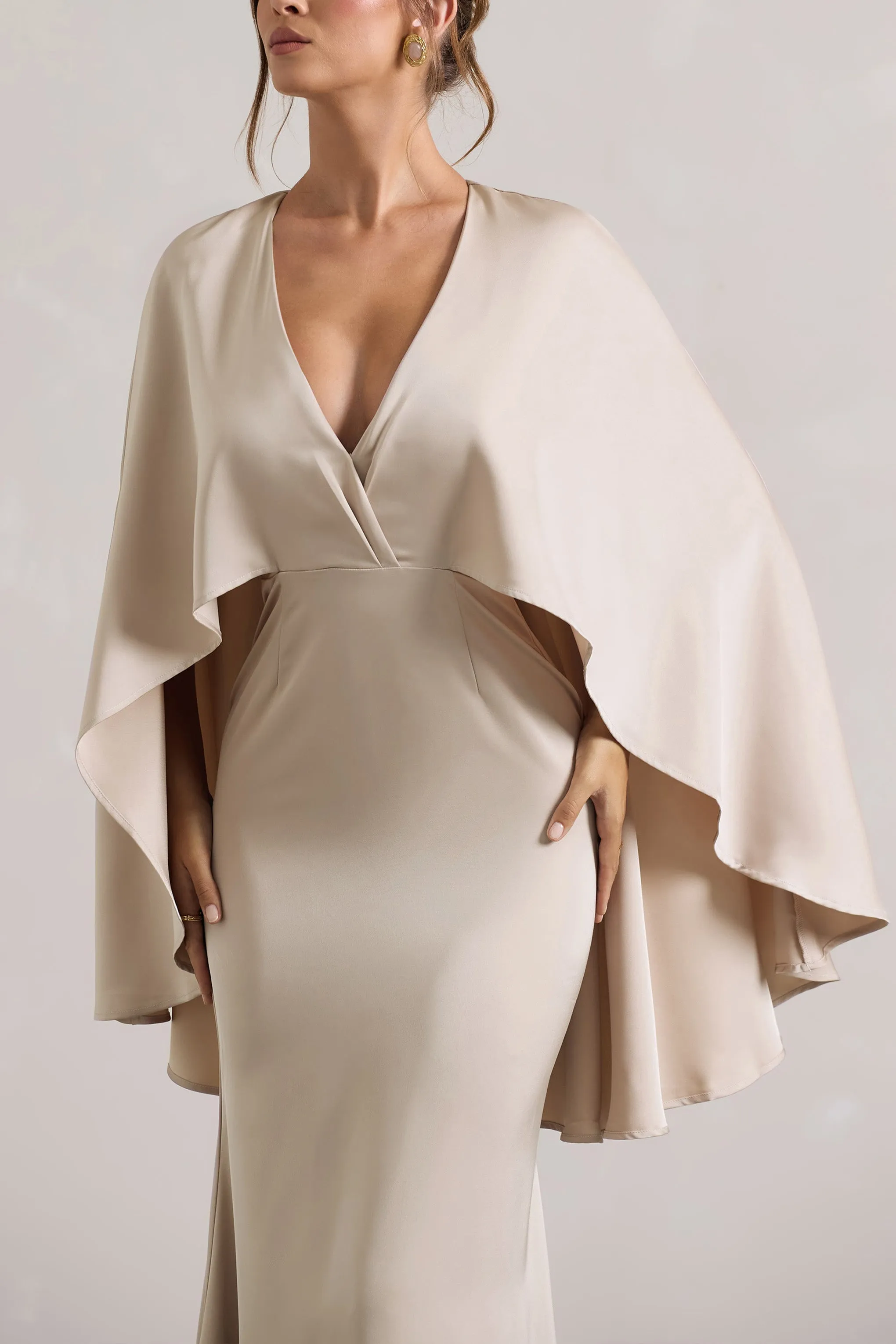 Yasie | Champagne Satin Plunge-Neck Maxi Dress With Cape Sleeves Club L London