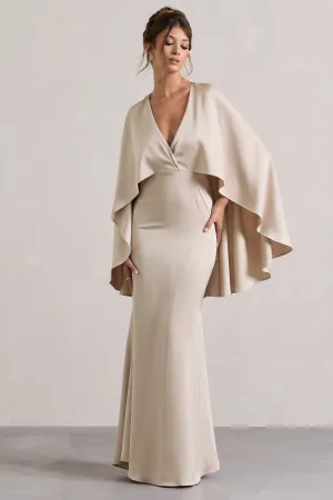 Yasie | Champagne Satin Plunge-Neck Maxi Dress With Cape Sleeves Club L London