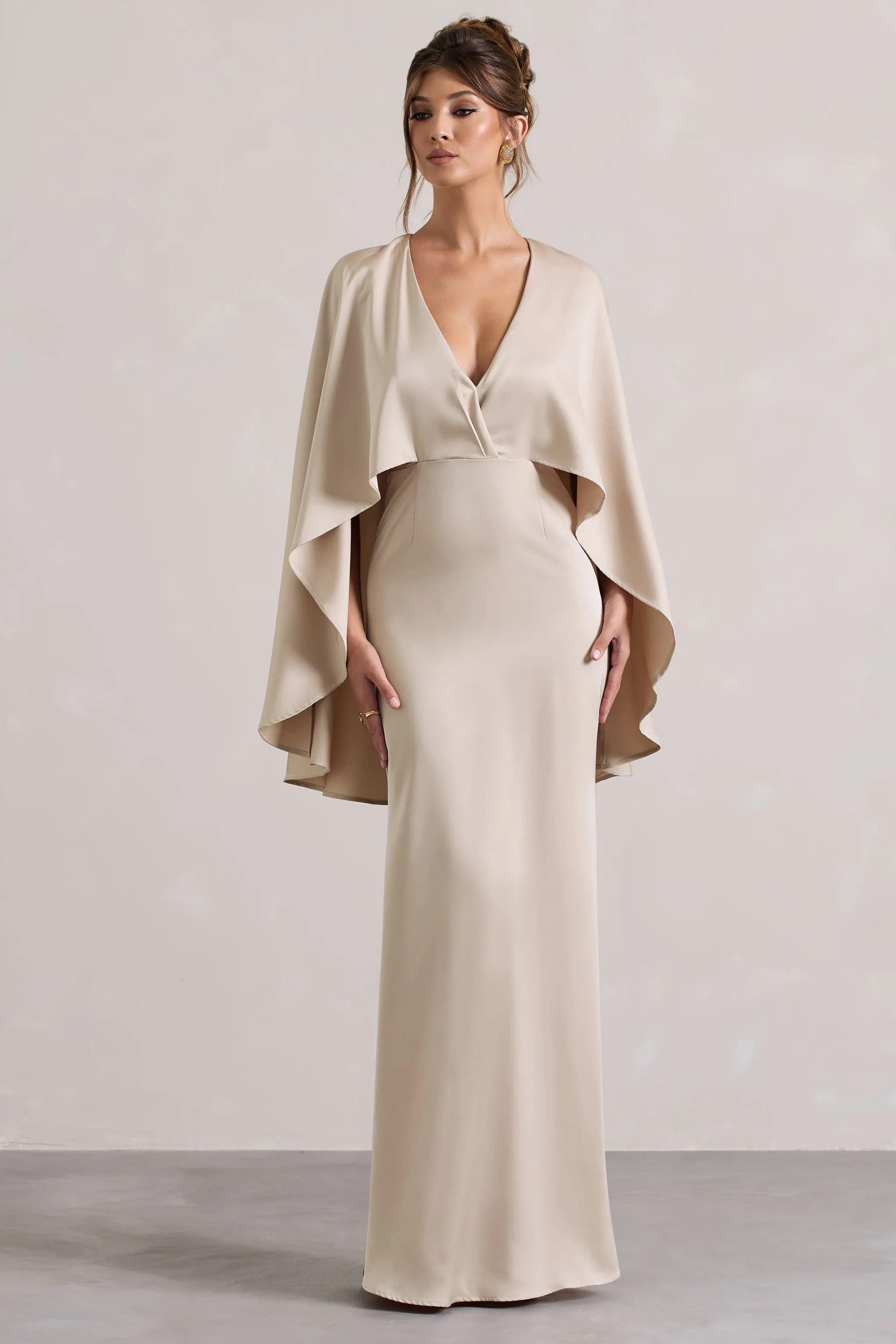 Yasie | Champagne Satin Plunge-Neck Maxi Dress With Cape Sleeves Club L London