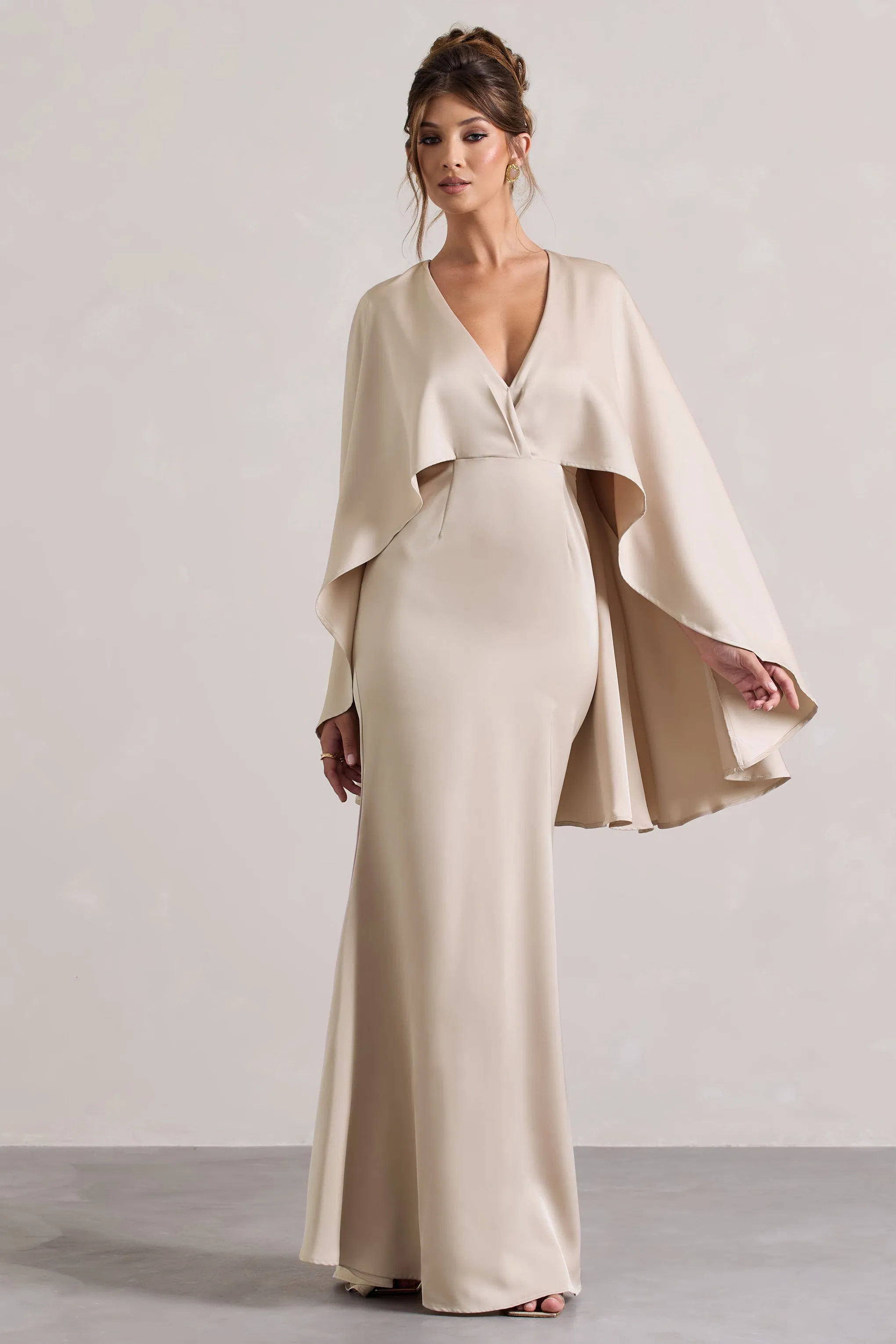 Yasie | Champagne Satin Plunge-Neck Maxi Dress With Cape Sleeves Club L London