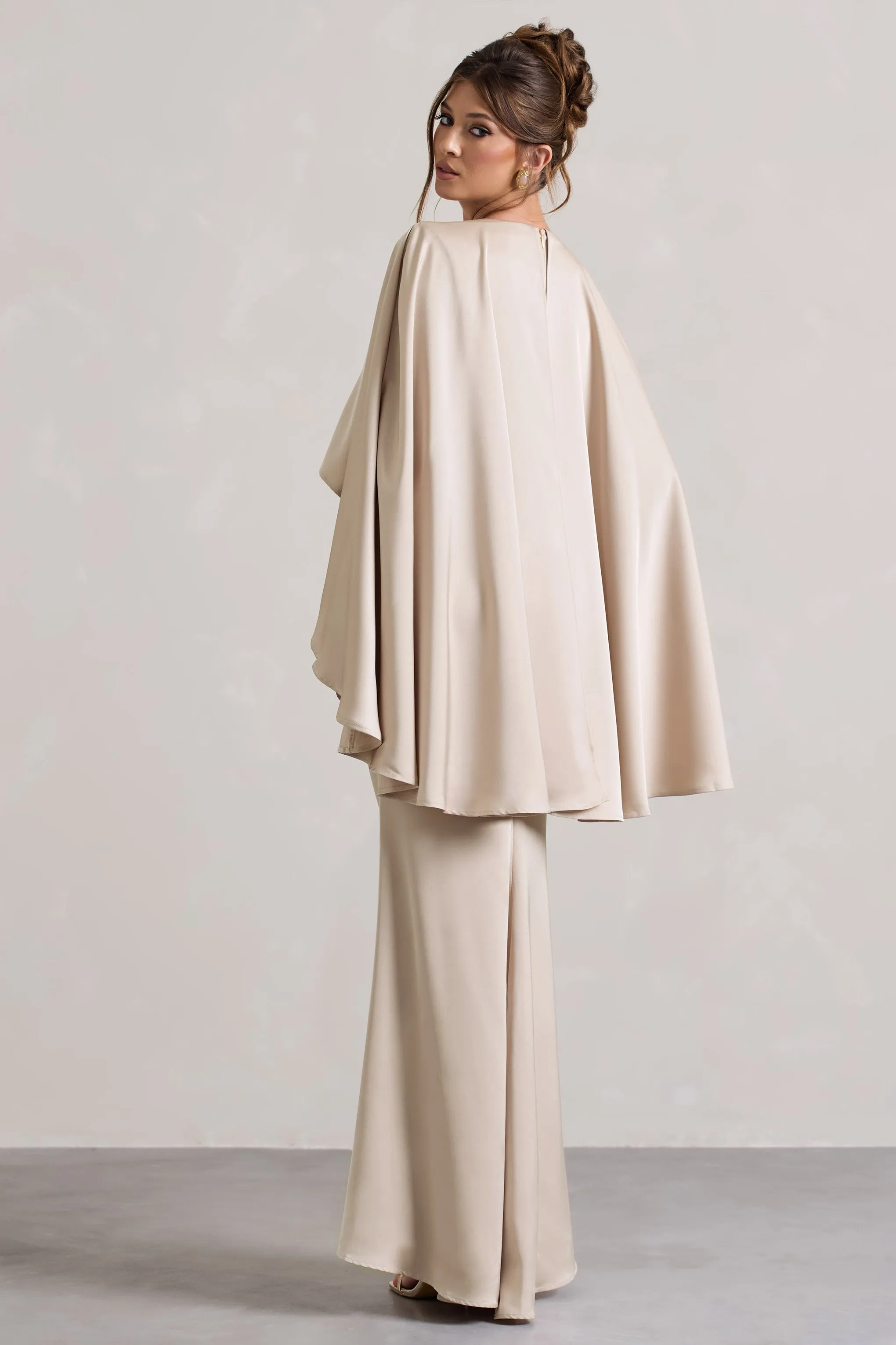 Yasie | Champagne Satin Plunge-Neck Maxi Dress With Cape Sleeves Club L London