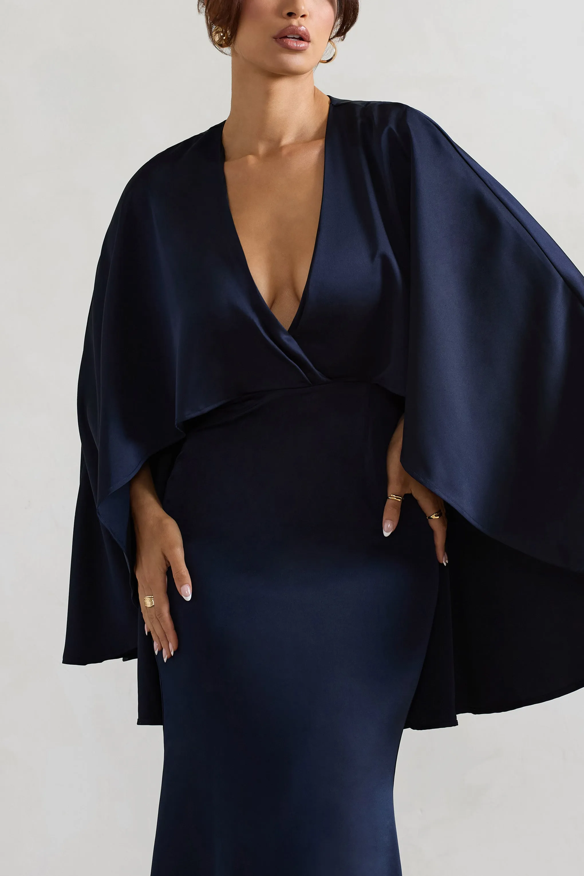 Yasie | Navy Satin Plunge-Neck Maxi Dress With Cape Sleeves Club L London