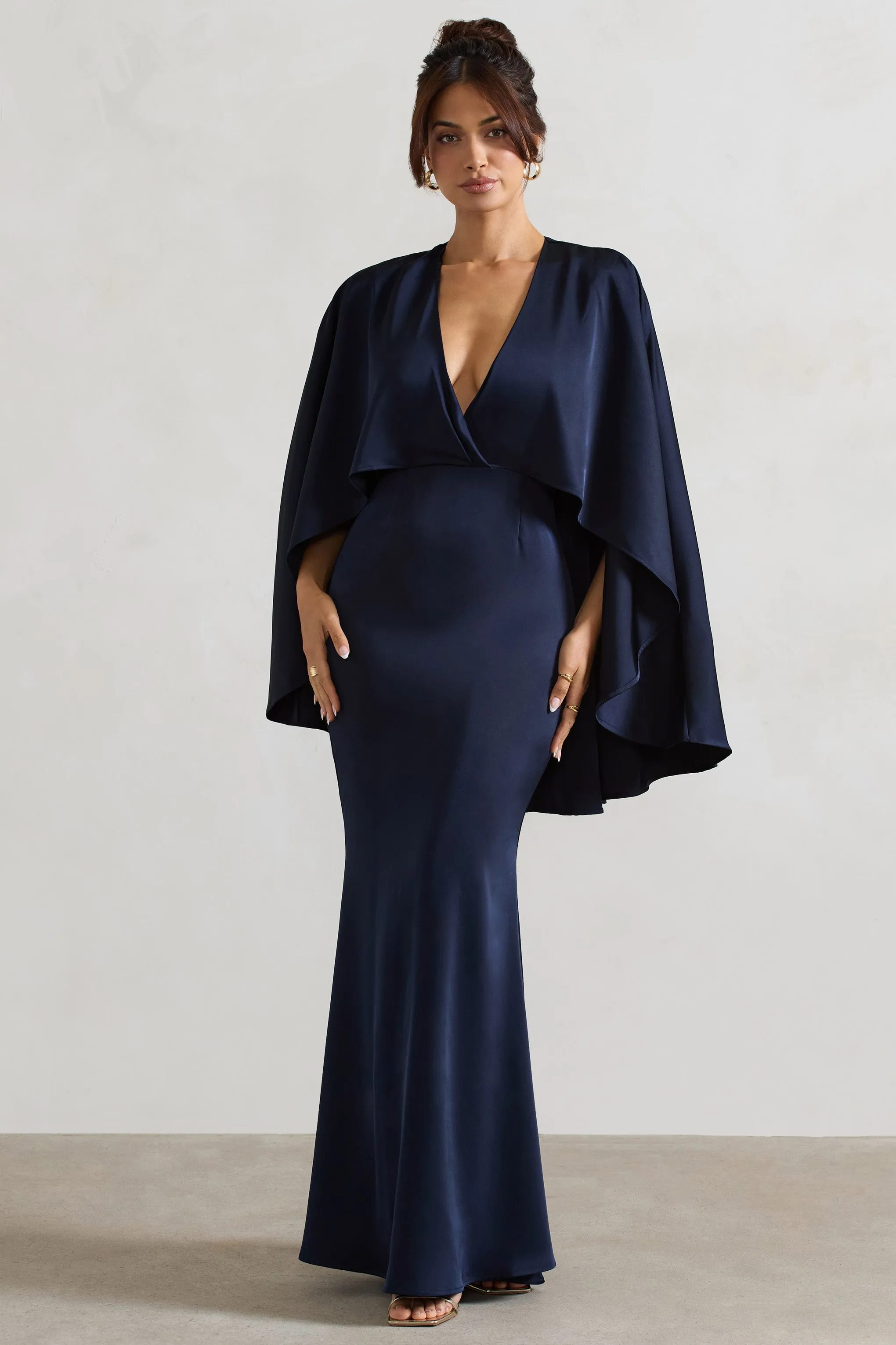 Yasie | Navy Satin Plunge-Neck Maxi Dress With Cape Sleeves Club L London