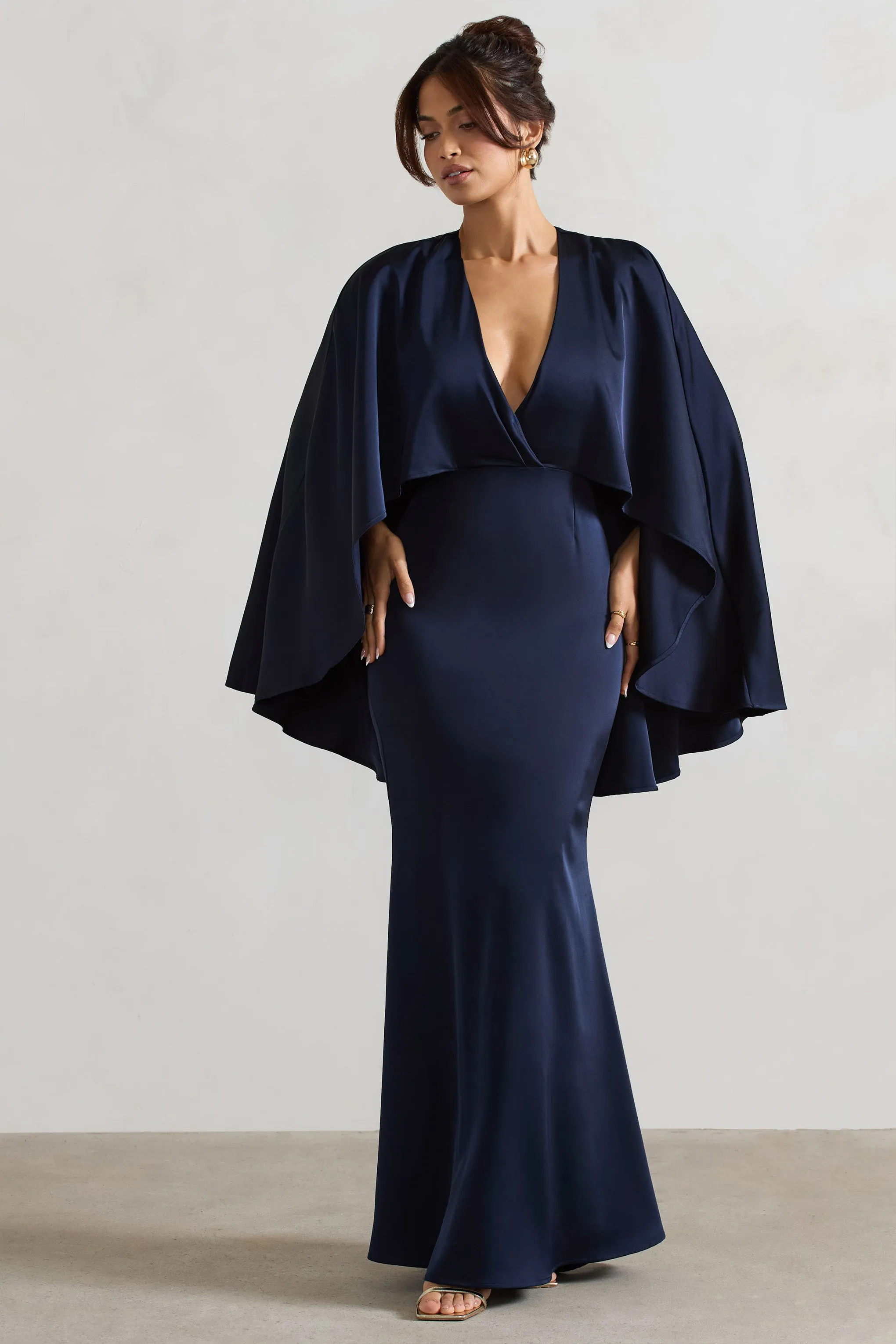 Yasie | Navy Satin Plunge-Neck Maxi Dress With Cape Sleeves Club L London