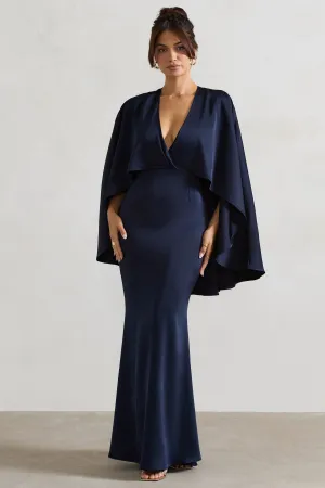 Yasie | Navy Satin Plunge-Neck Maxi Dress With Cape Sleeves Club L London