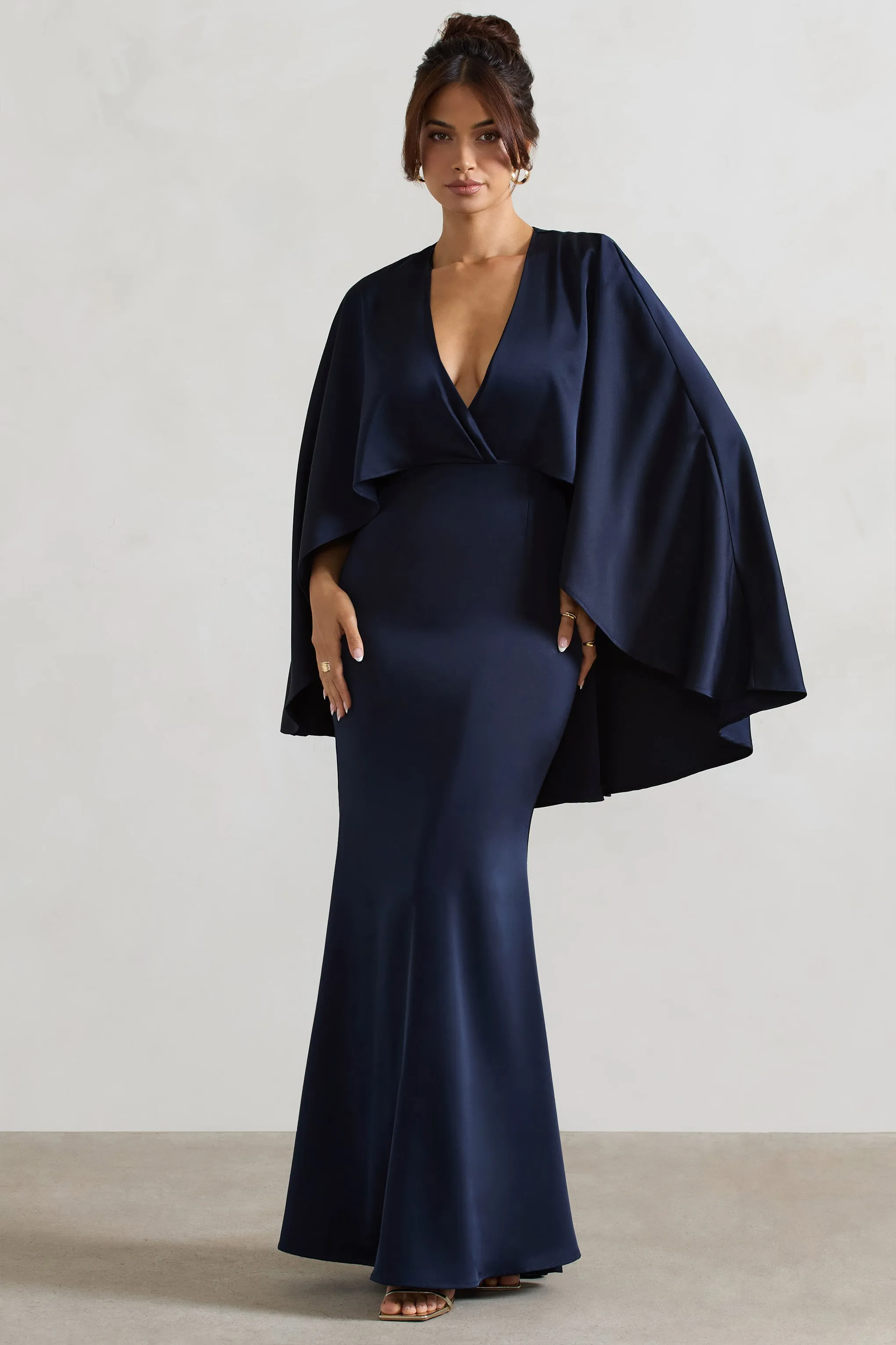 Yasie | Navy Satin Plunge-Neck Maxi Dress With Cape Sleeves Club L London