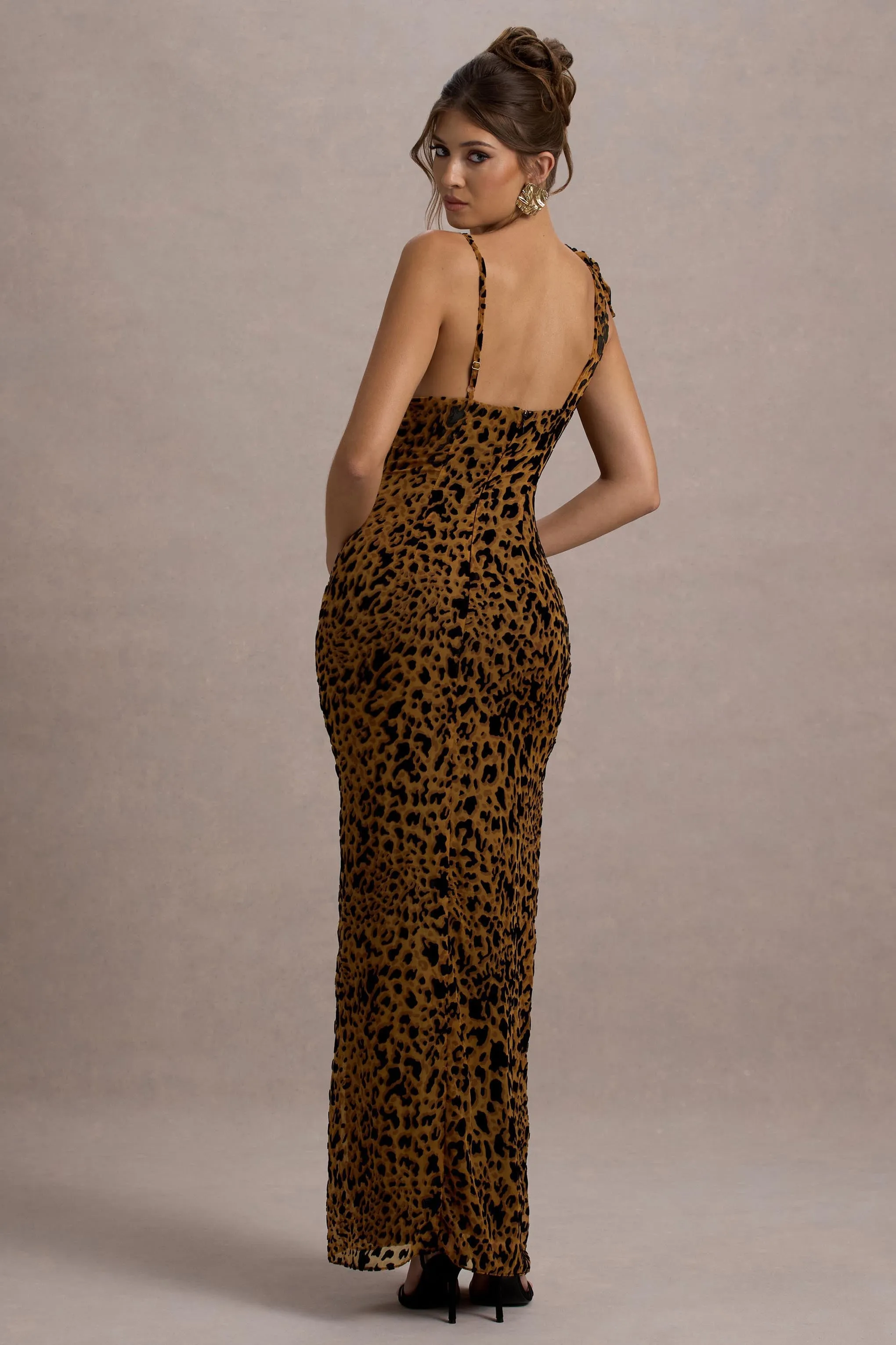 Yasmin | Leopard Print Velvet Strappy Maxi Dress With Bow Club L London