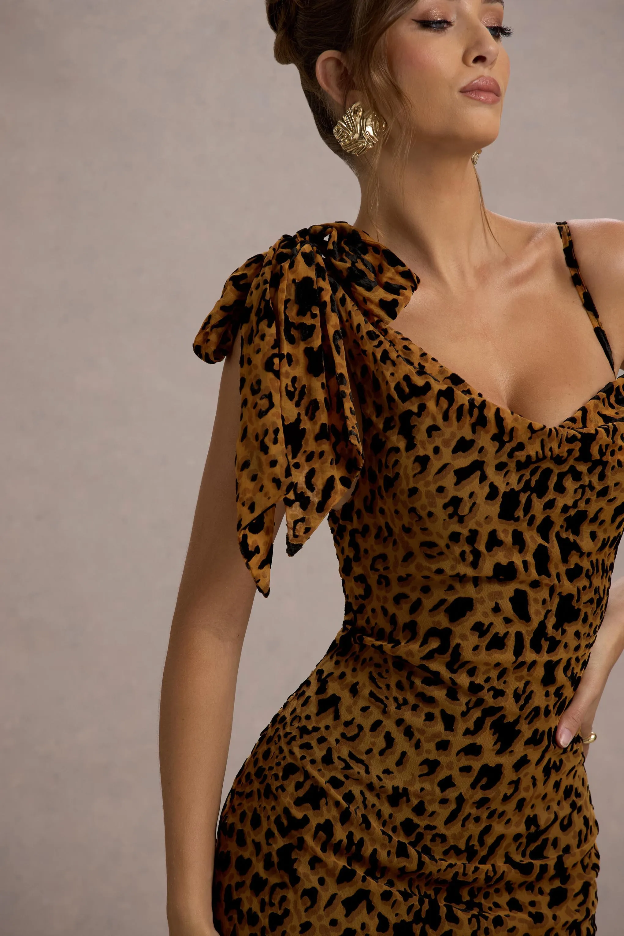 Yasmin | Leopard Print Velvet Strappy Maxi Dress With Bow Club L London