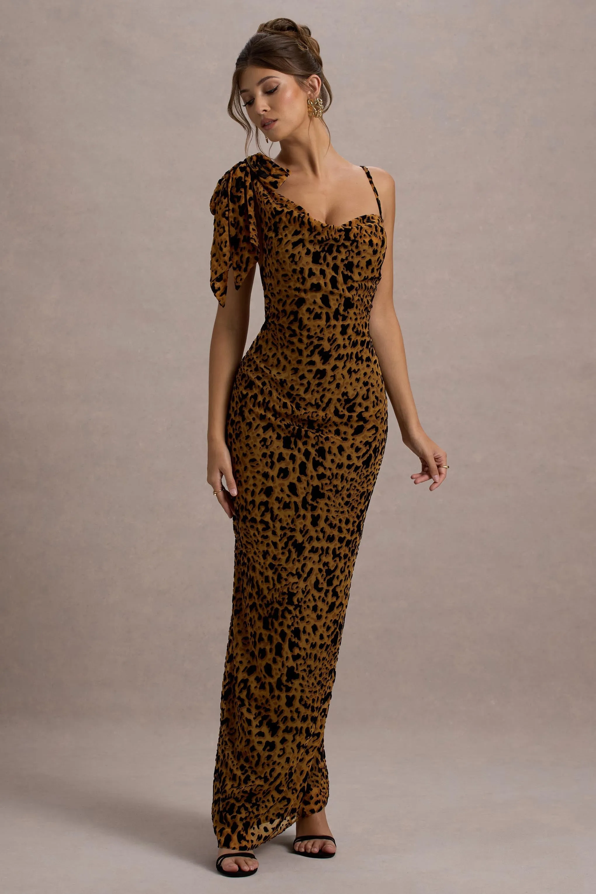 Yasmin | Leopard Print Velvet Strappy Maxi Dress With Bow Club L London