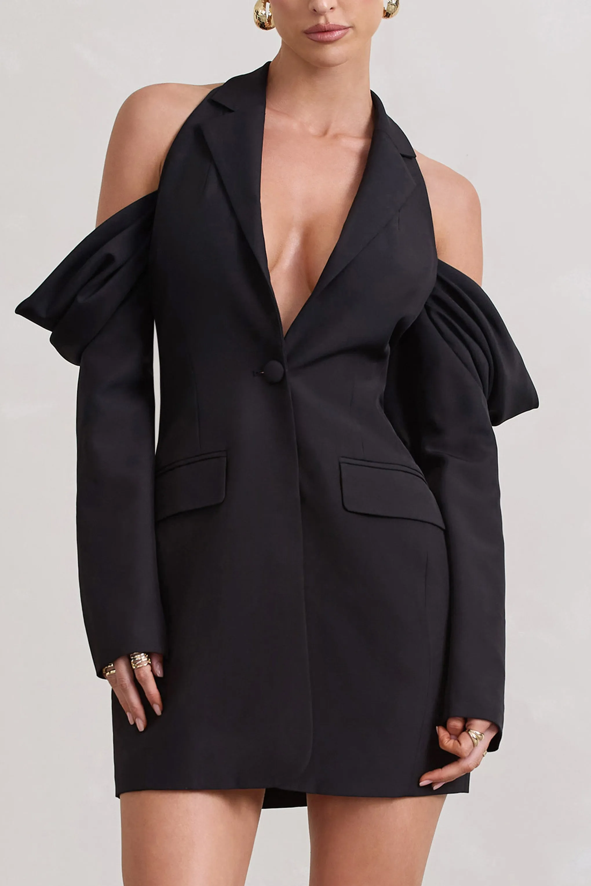 Your Night | Black Plunge Draped Blazer Dress Club L London