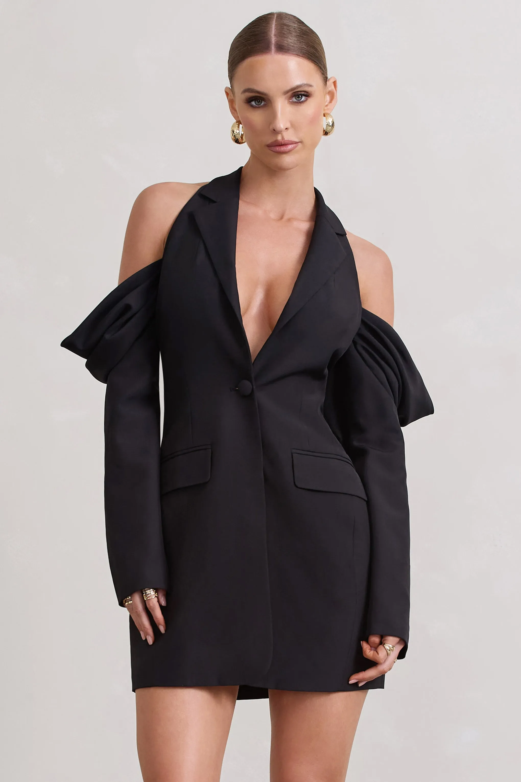 Your Night | Black Plunge Draped Blazer Dress Club L London