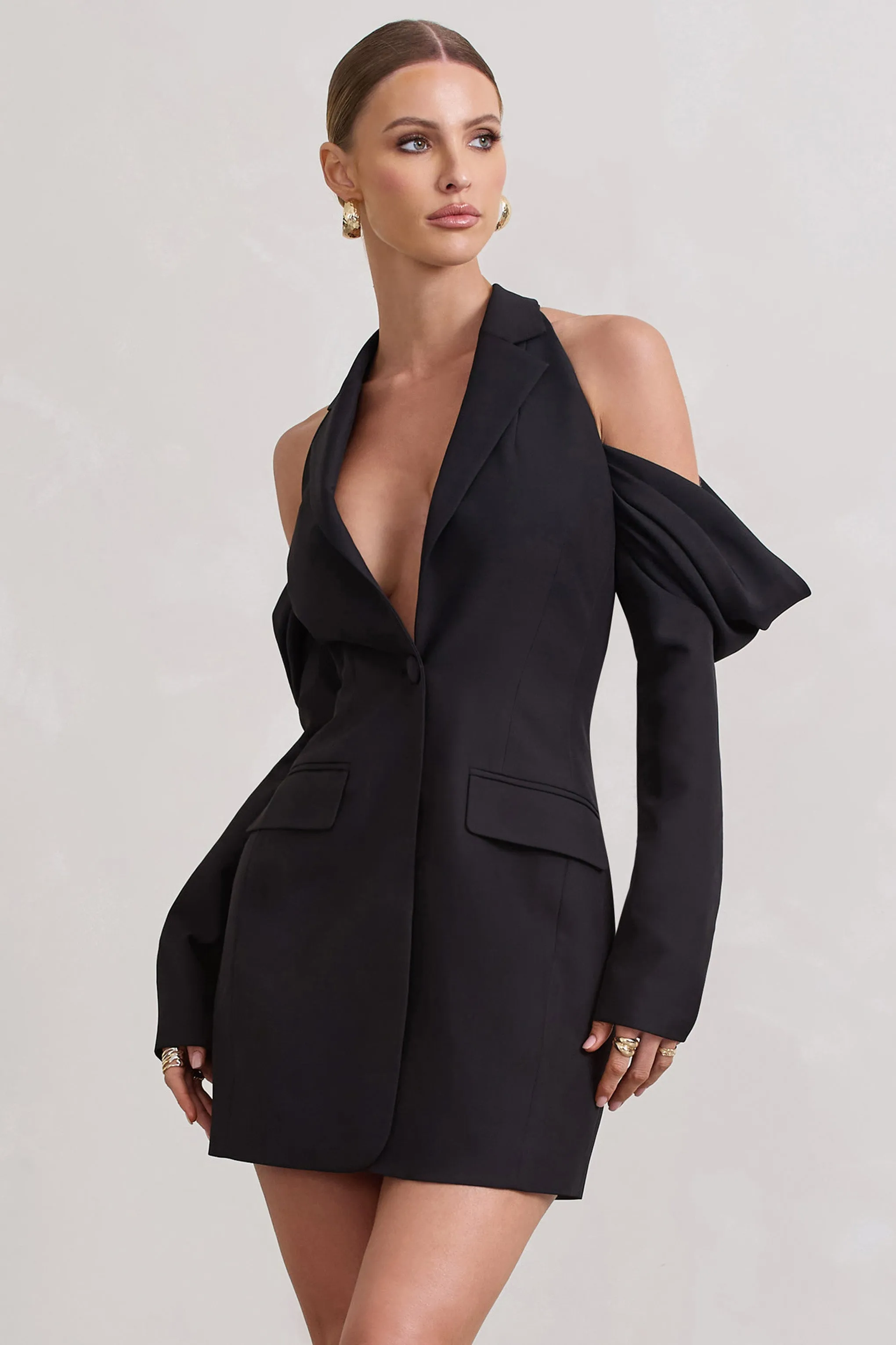 Your Night | Black Plunge Draped Blazer Dress Club L London