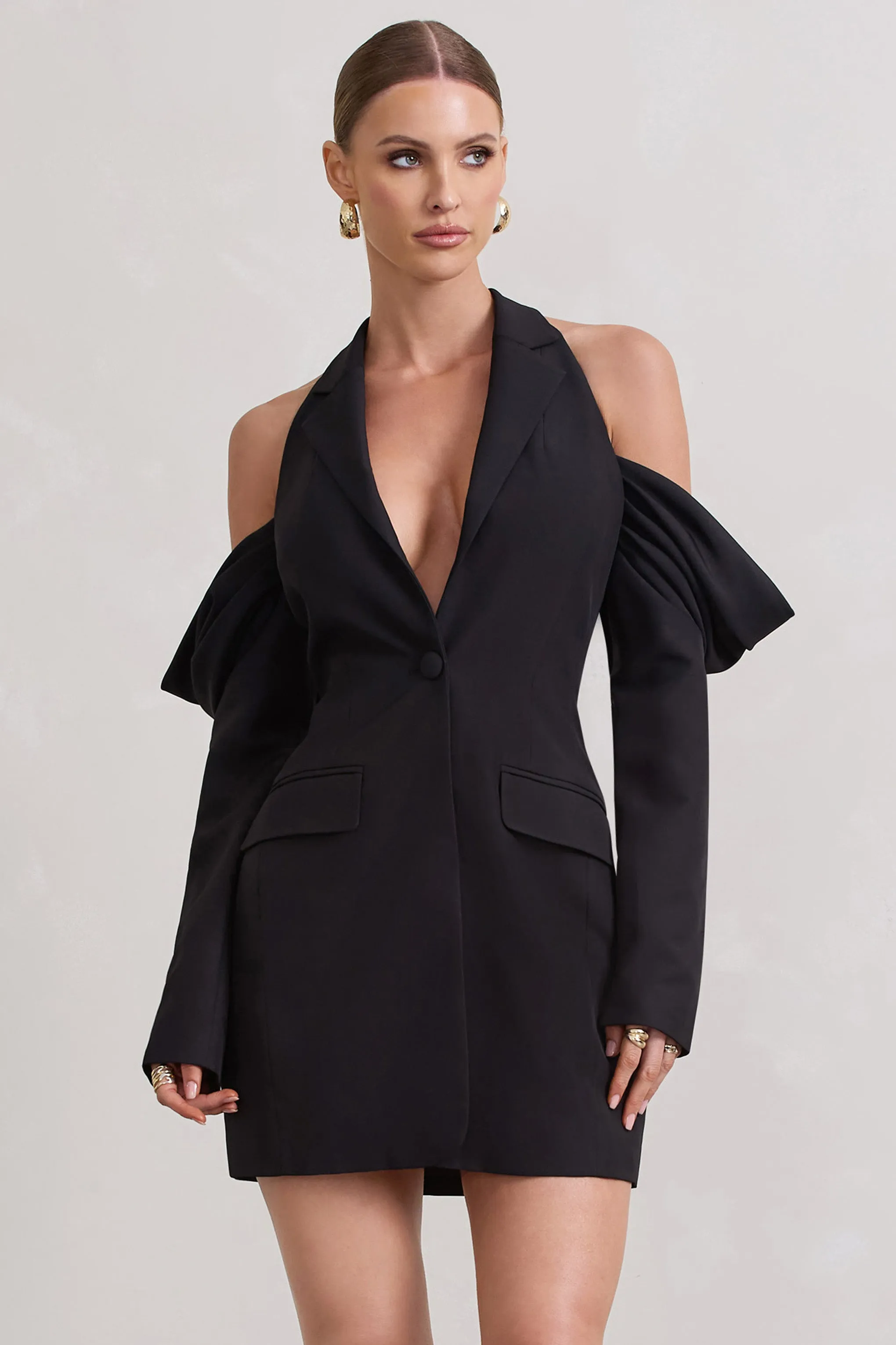 Your Night | Black Plunge Draped Blazer Dress Club L London