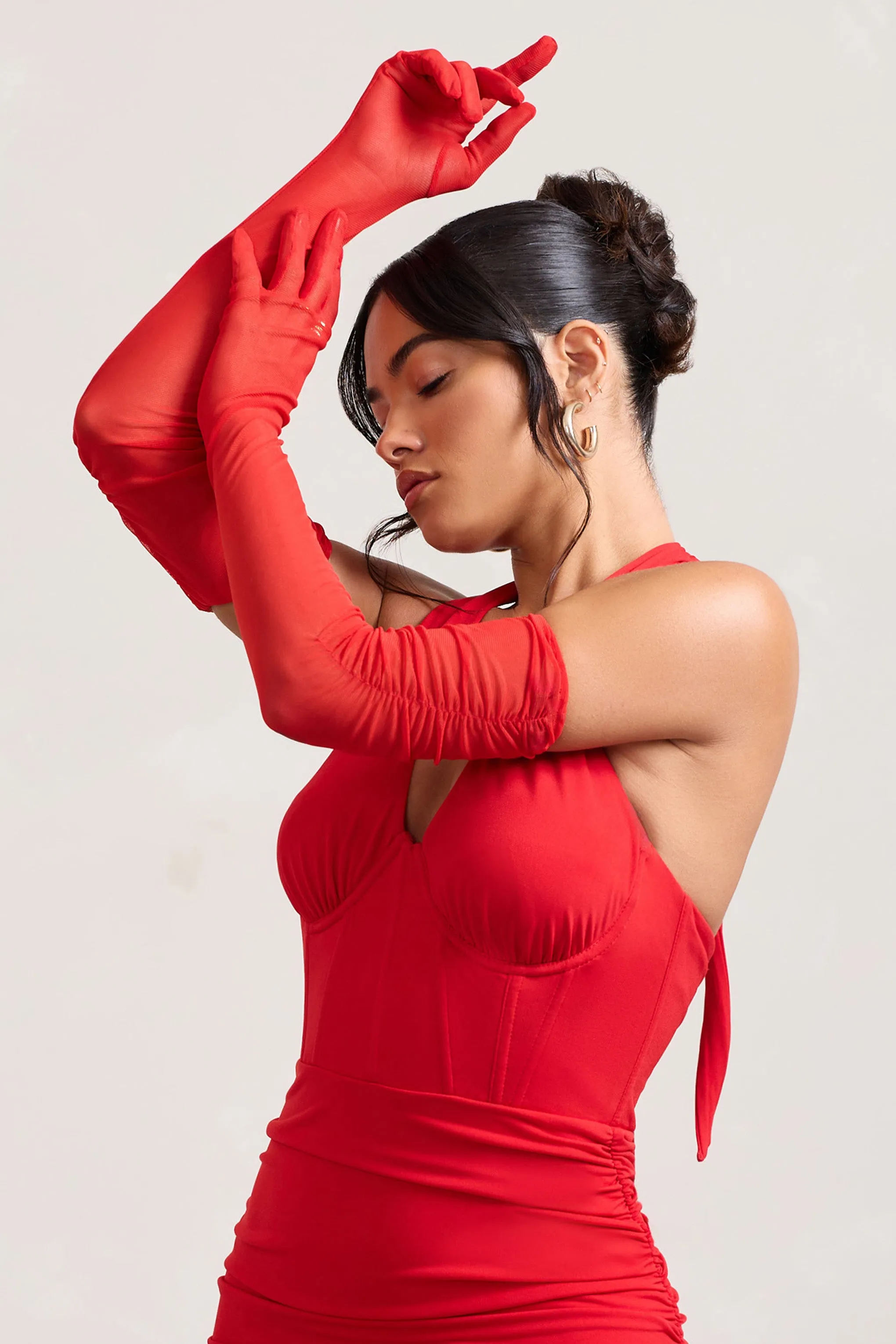 Your Touch | Red Sheer Long Ruched Gloves Club L London