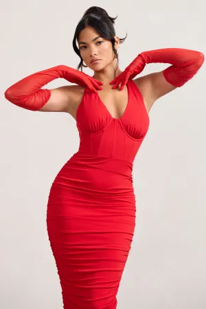 Your Touch | Red Sheer Long Ruched Gloves Club L London