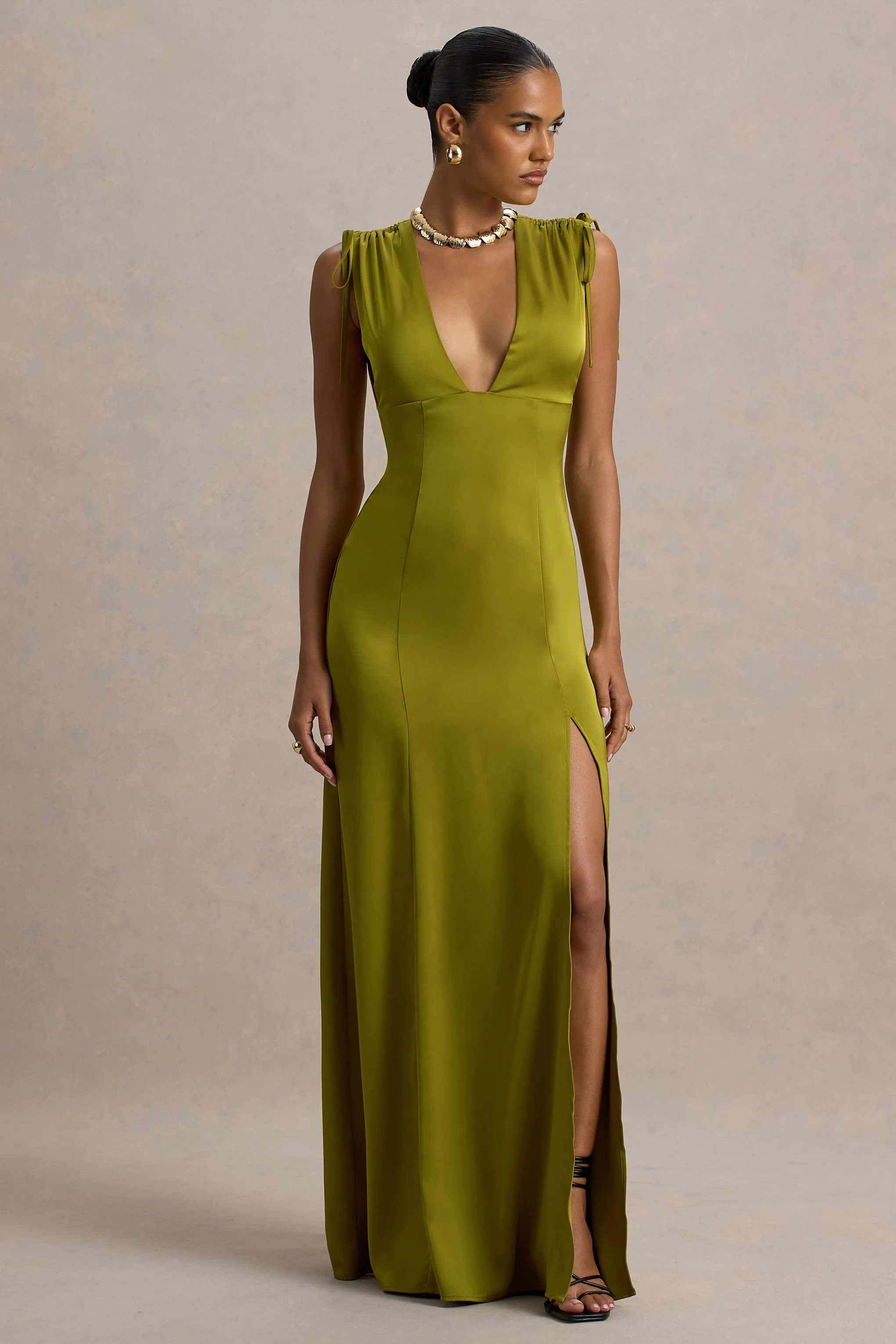 Ysabella | Olive Satin Plunge-Neck Split Maxi Dress Club L London