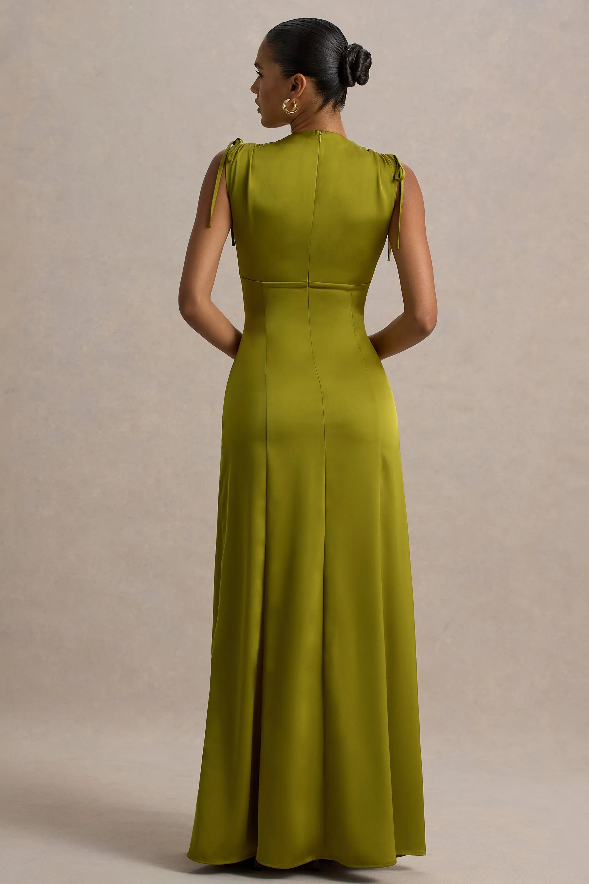 Ysabella | Olive Satin Plunge-Neck Split Maxi Dress Club L London