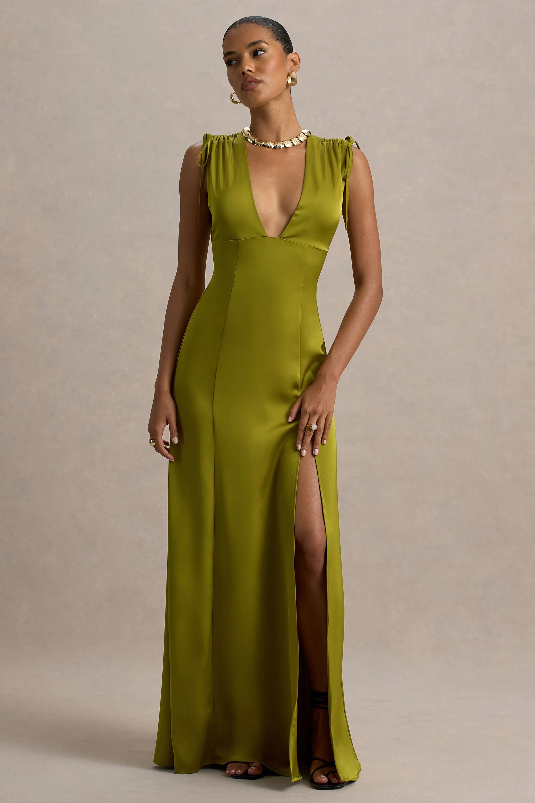 Ysabella | Olive Satin Plunge-Neck Split Maxi Dress Club L London