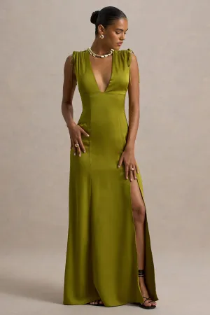 Ysabella | Olive Satin Plunge-Neck Split Maxi Dress Club L London