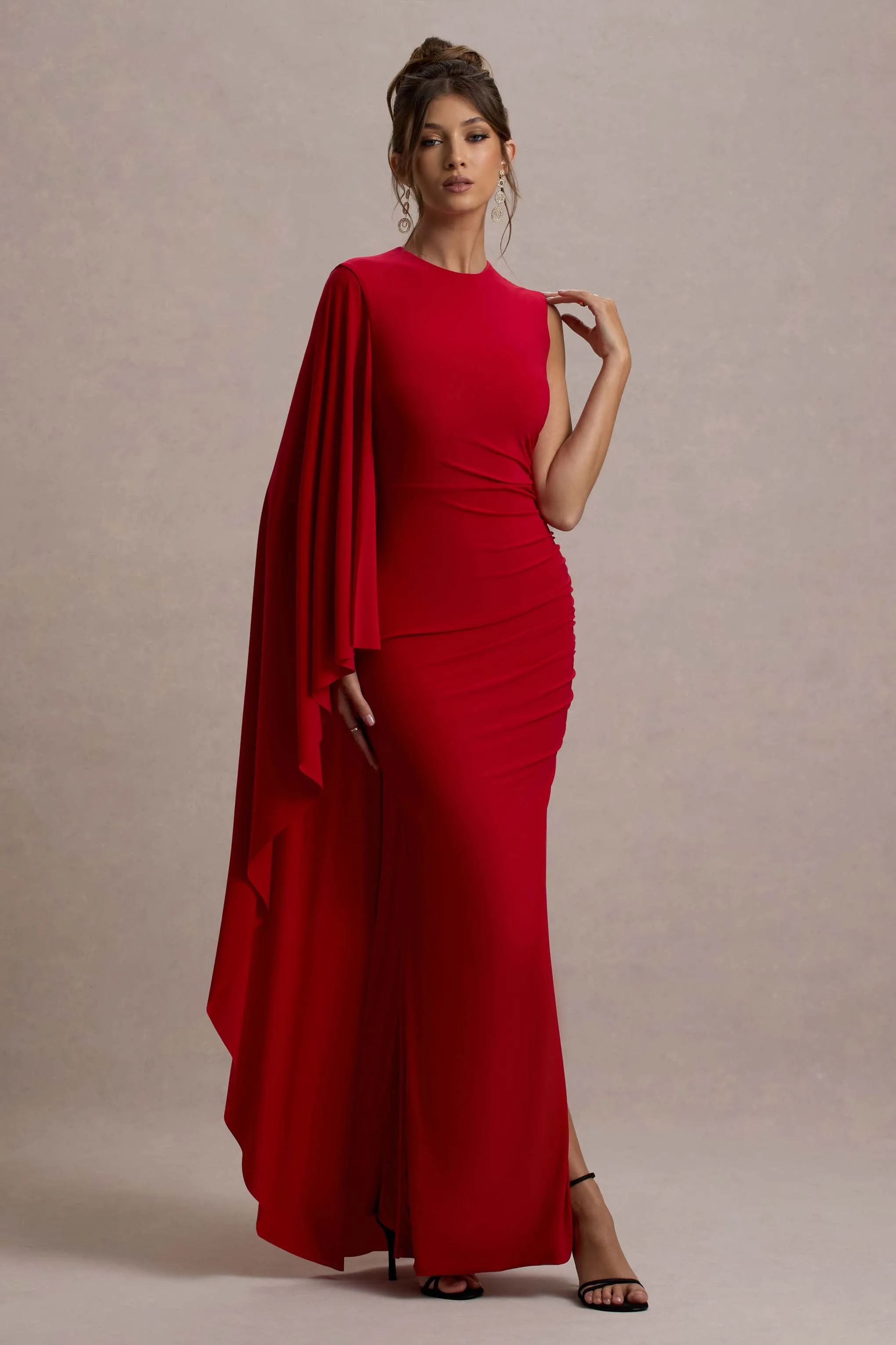 Yuna | Red Draped Maxi Dress With Cape Club L London