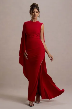 Yuna | Red Draped Maxi Dress With Cape Club L London