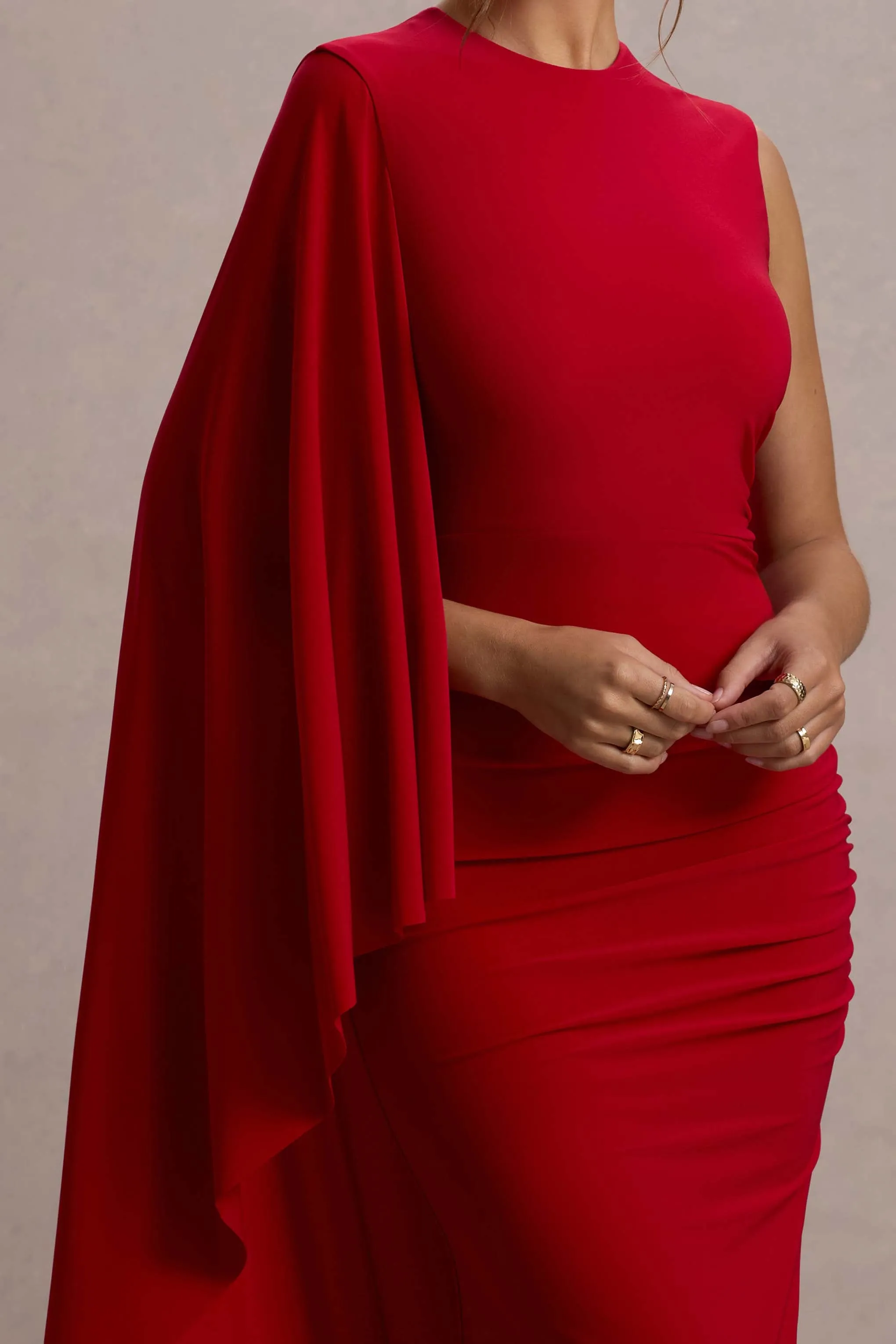 Yuna | Red Draped Maxi Dress With Cape Club L London