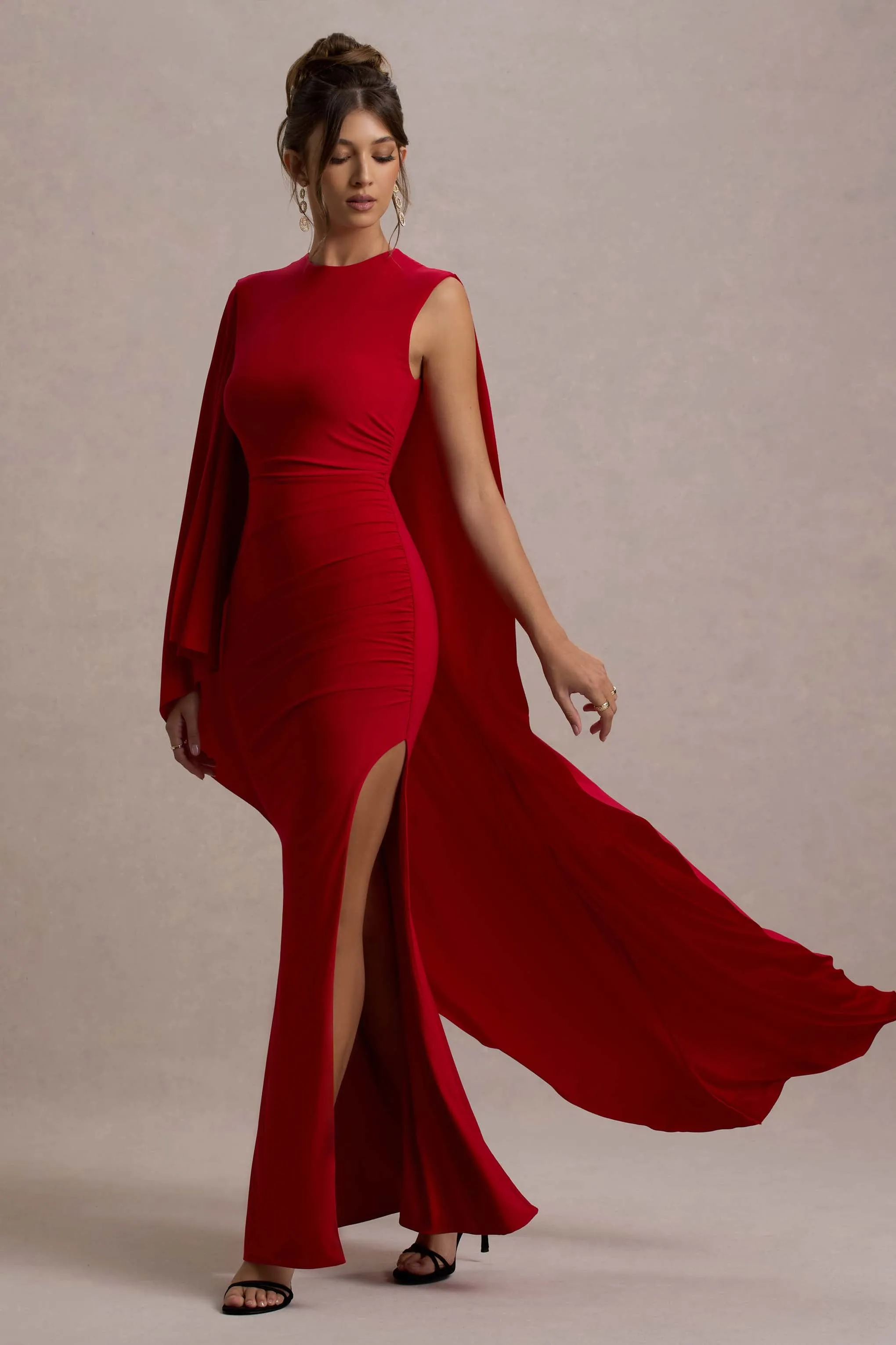 Yuna | Red Draped Maxi Dress With Cape Club L London