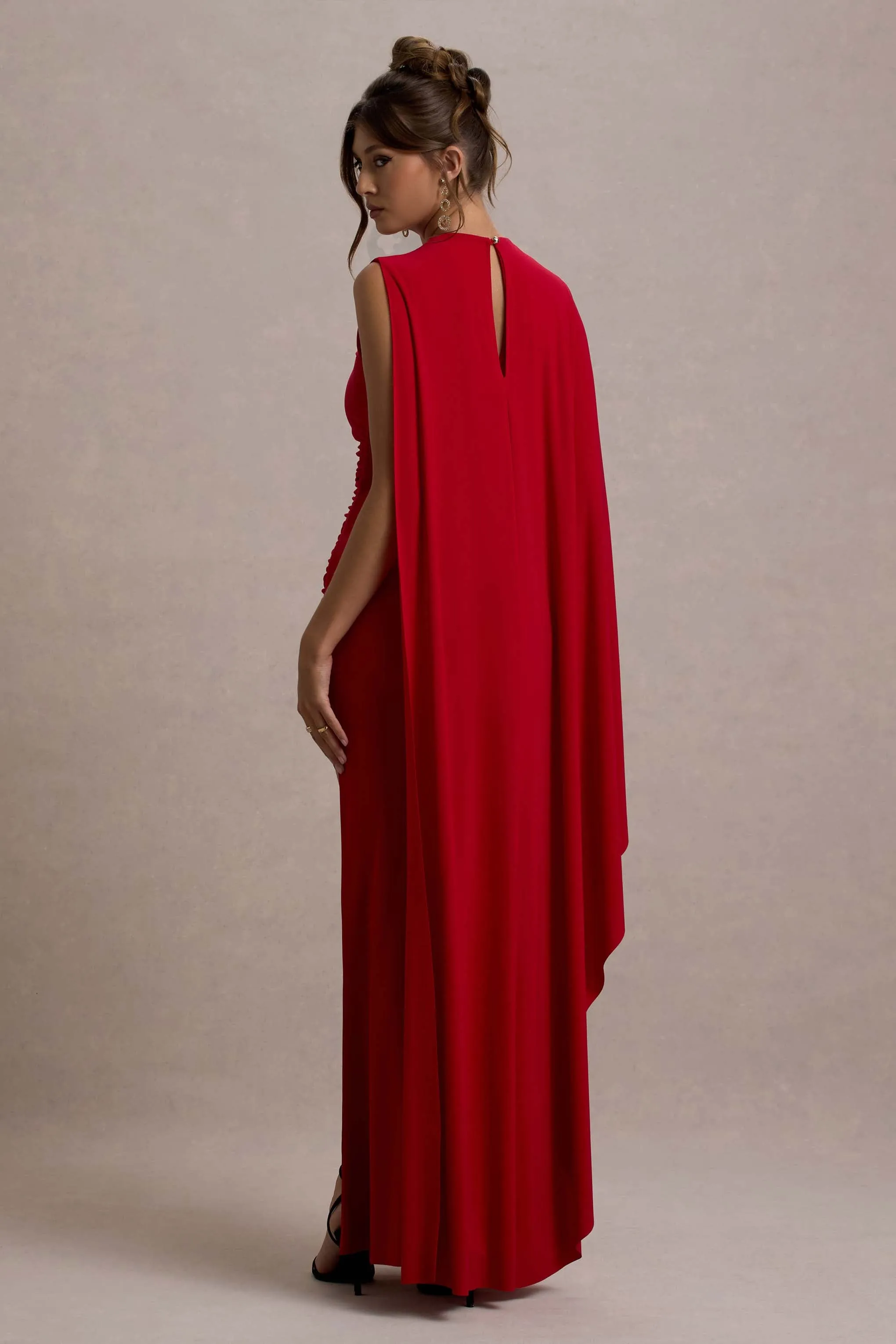Yuna | Red Draped Maxi Dress With Cape Club L London