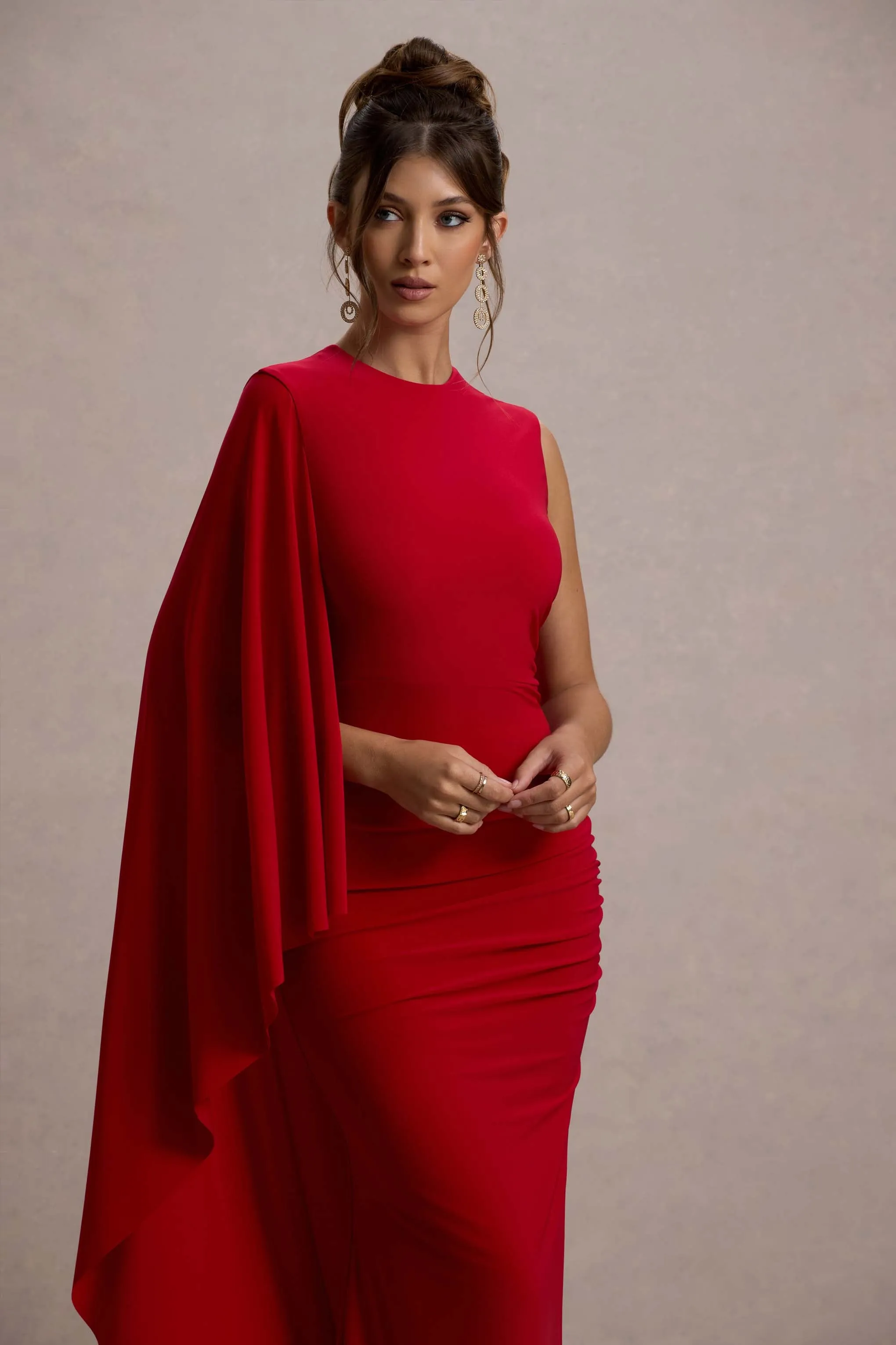 Yuna | Red Draped Maxi Dress With Cape Club L London