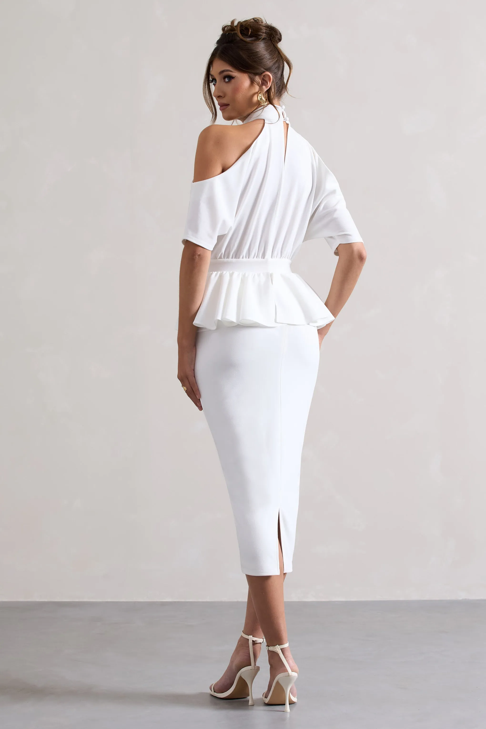 Yves | White High-Neck Cut-Out Midi Dress With Peplum Waist Club L London