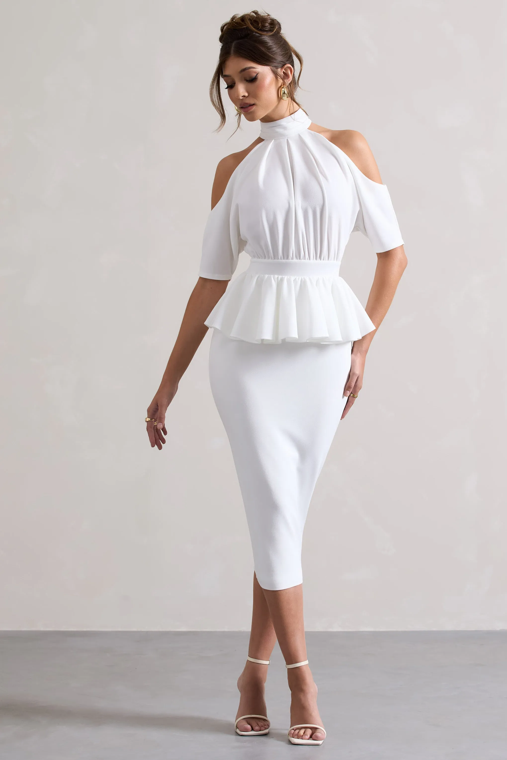 Yves | White High-Neck Cut-Out Midi Dress With Peplum Waist Club L London