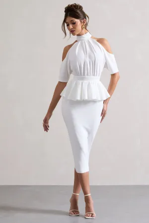 Yves | White High-Neck Cut-Out Midi Dress With Peplum Waist Club L London