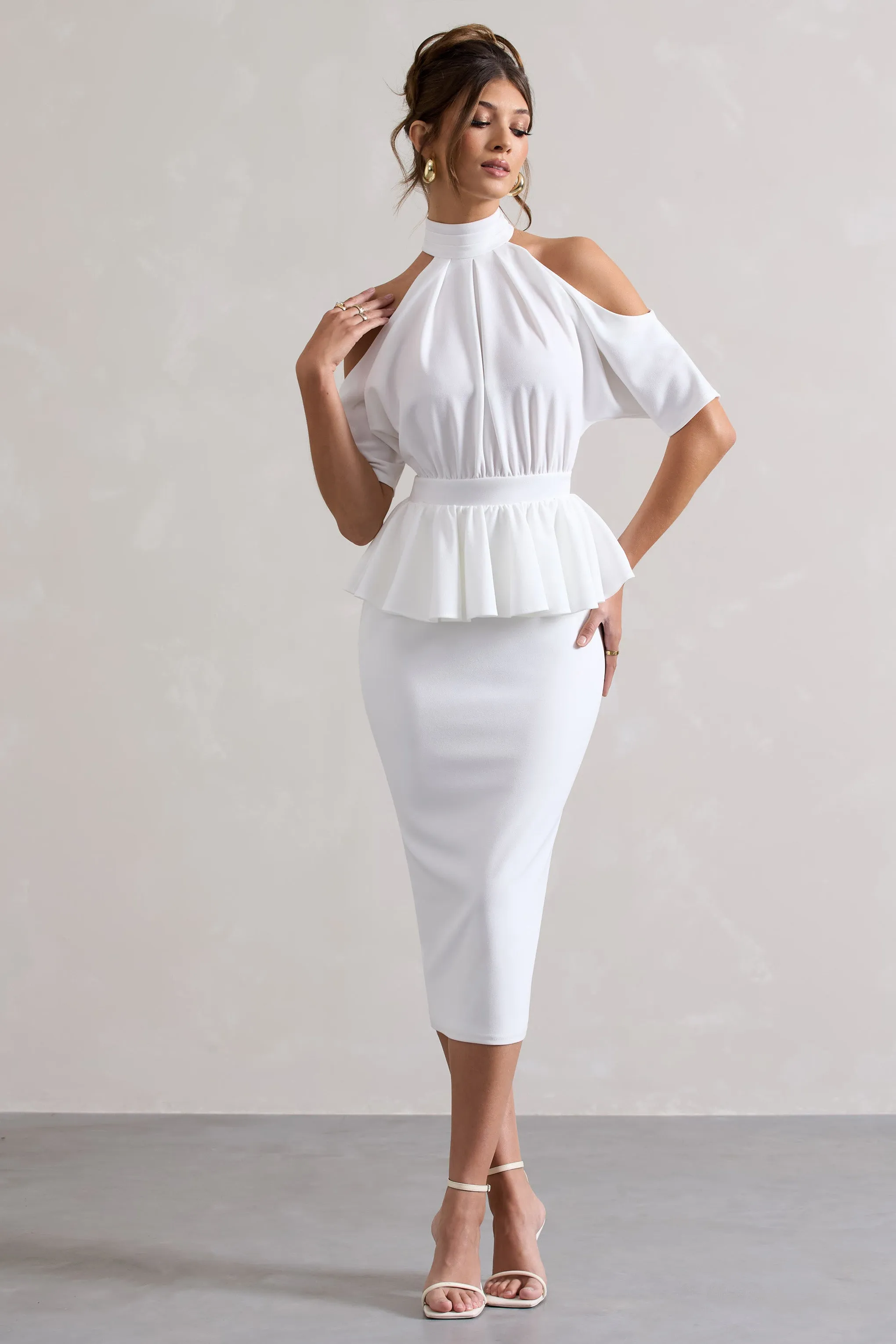 Yves | White High-Neck Cut-Out Midi Dress With Peplum Waist Club L London