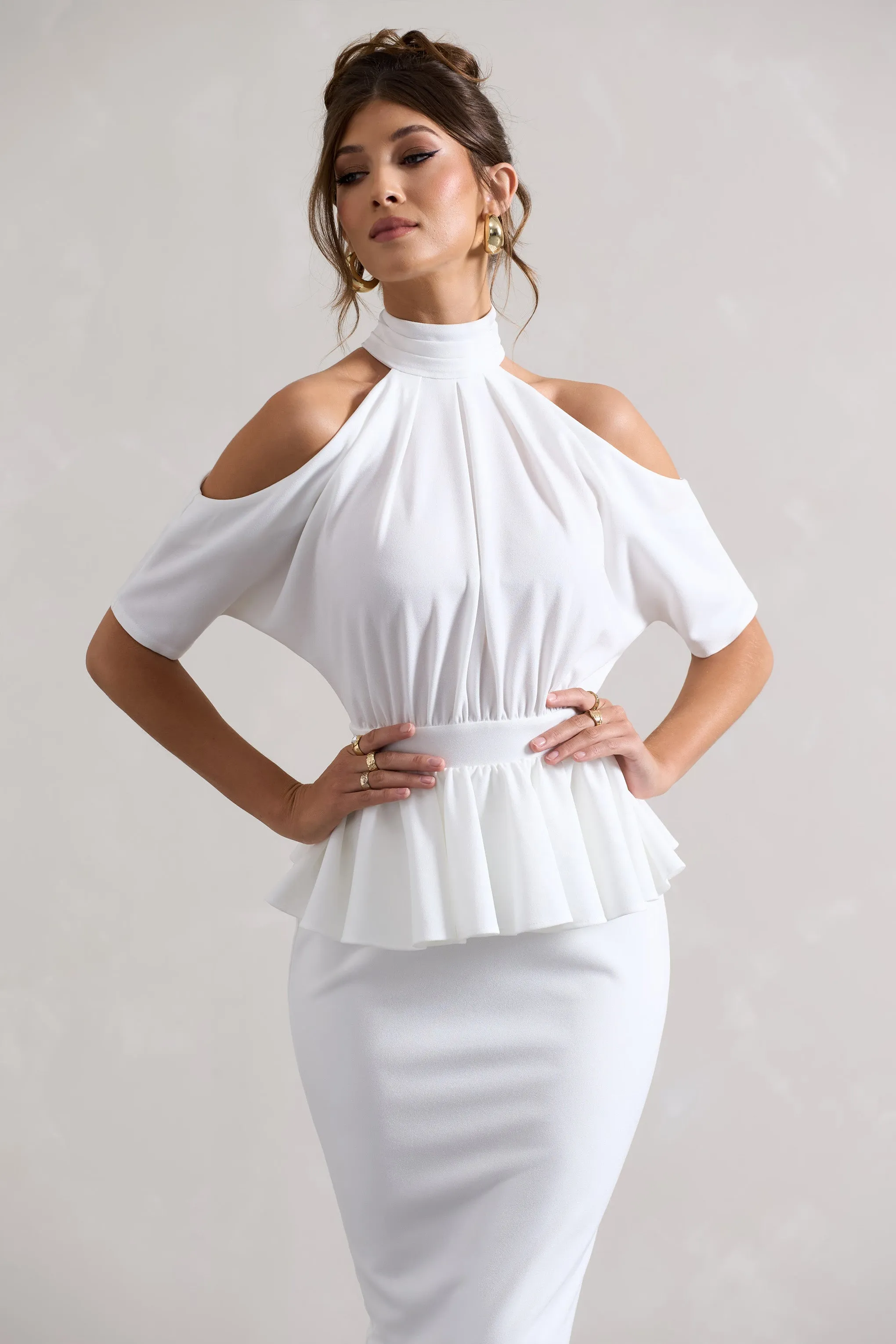 Yves | White High-Neck Cut-Out Midi Dress With Peplum Waist Club L London