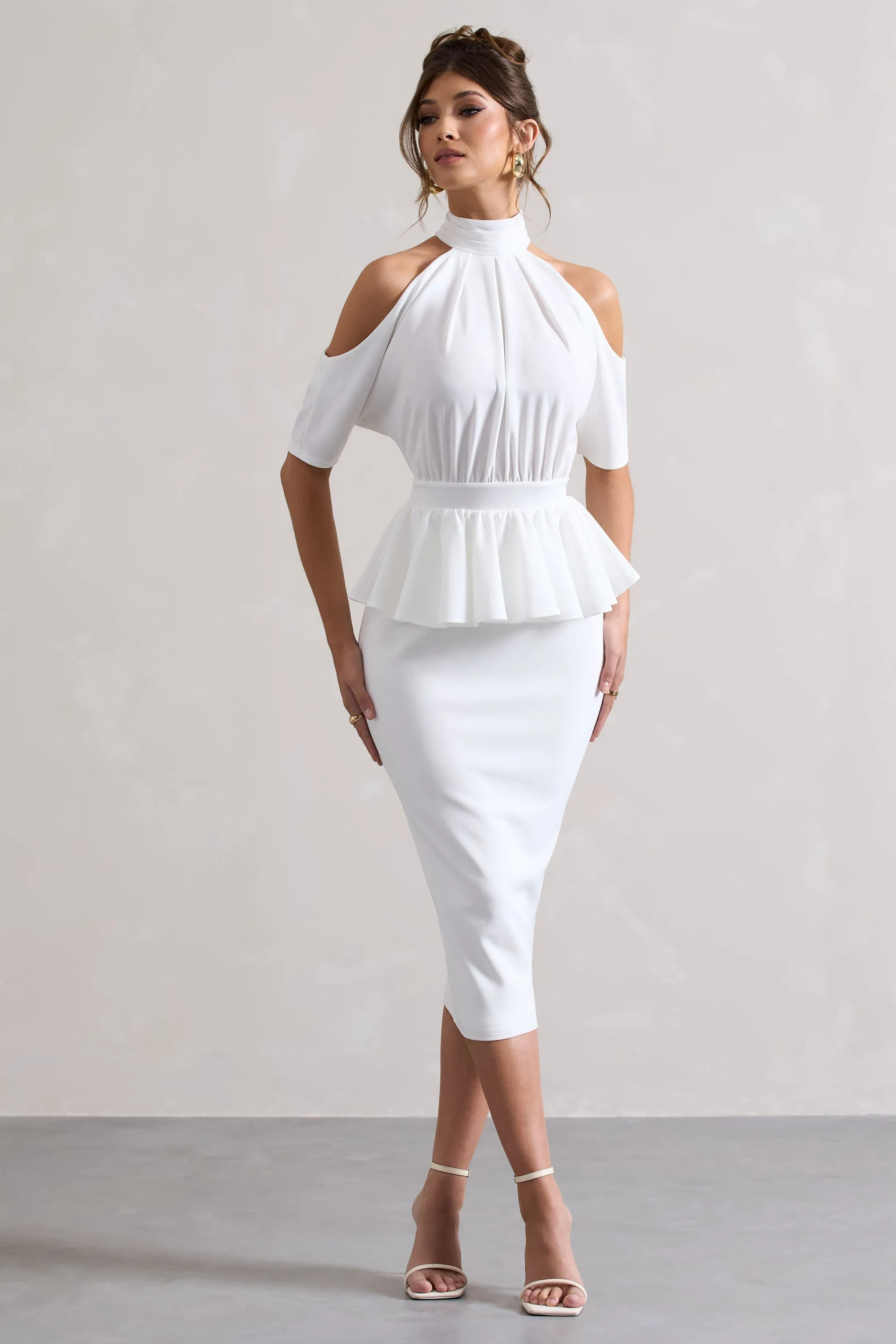 Yves | White High-Neck Cut-Out Midi Dress With Peplum Waist Club L London
